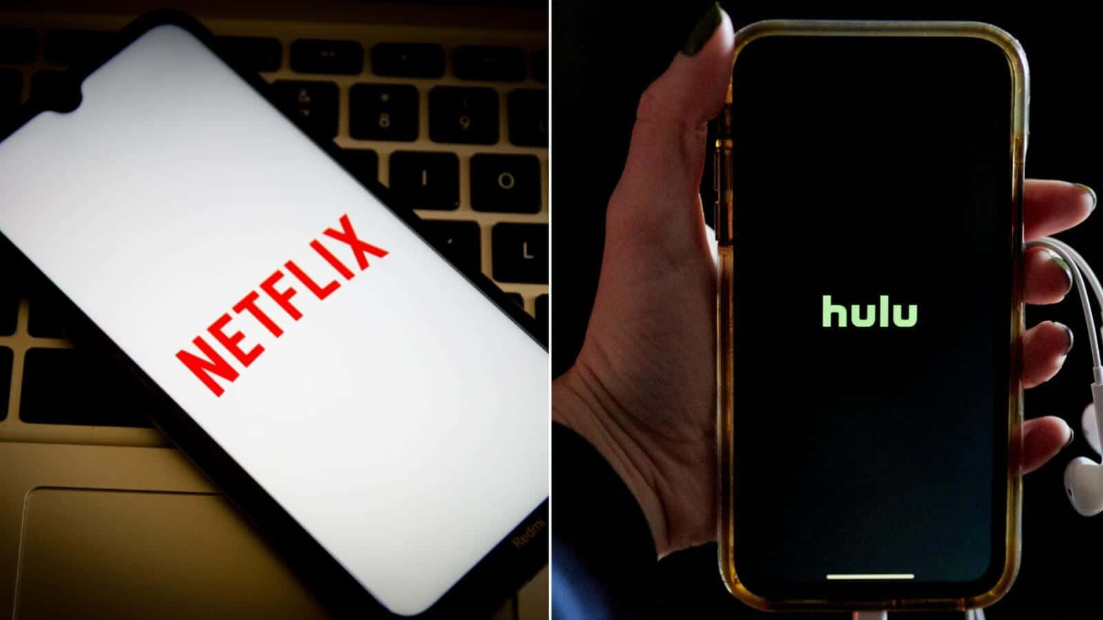 手拿著帶有 Hulu 標誌的電話，旁邊是顯示 Netflix 標誌的手提電腦。