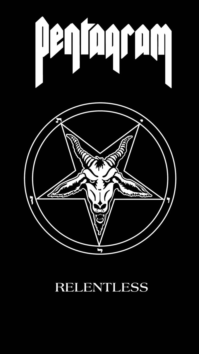 Pentagram 樂隊標誌，帶有倒置五角星和山羊頭，黑色背景