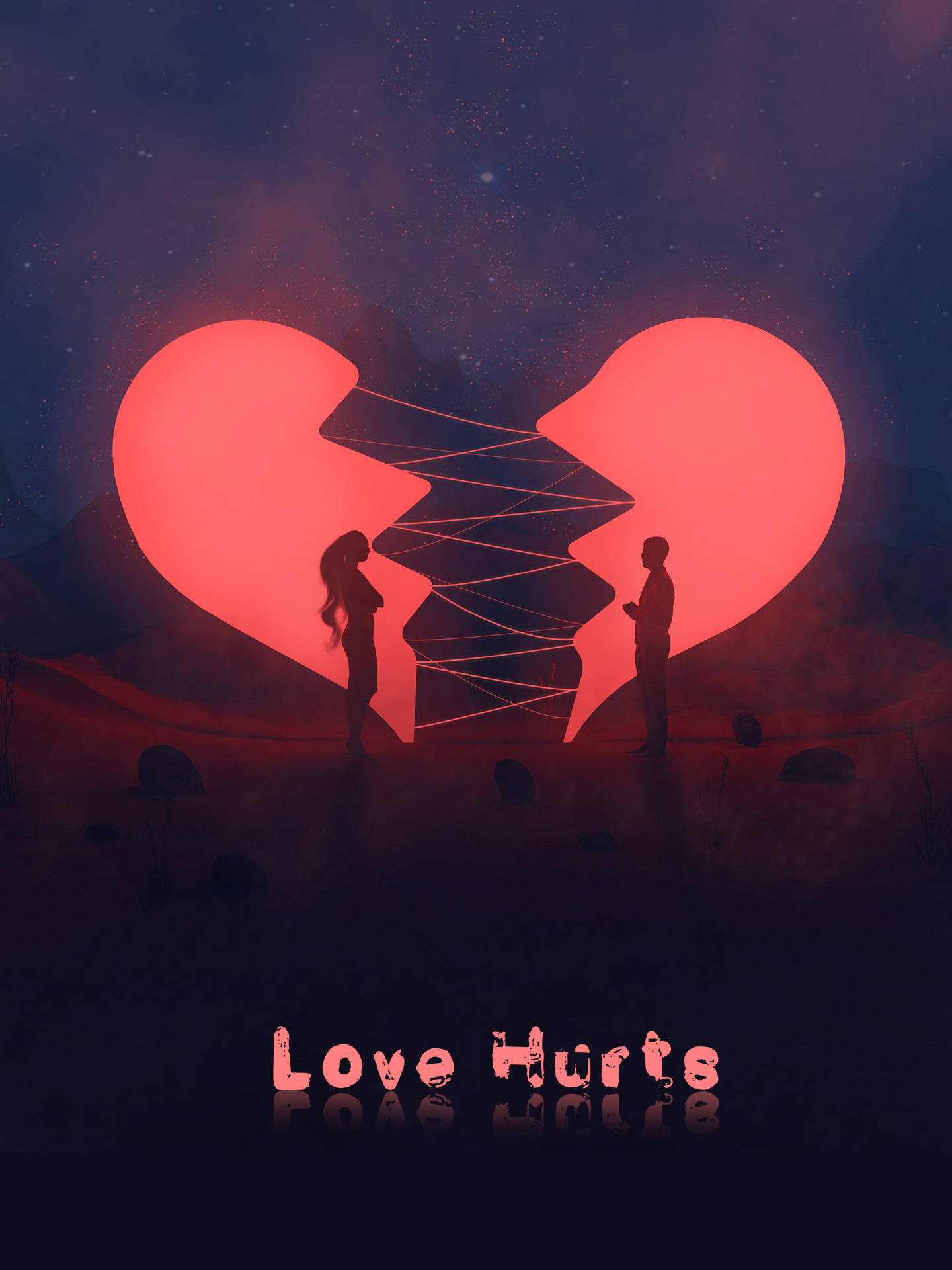 夜晚，兩個人在閃爍的破碎心形下背對背站立，並有文字 Love Hurts。