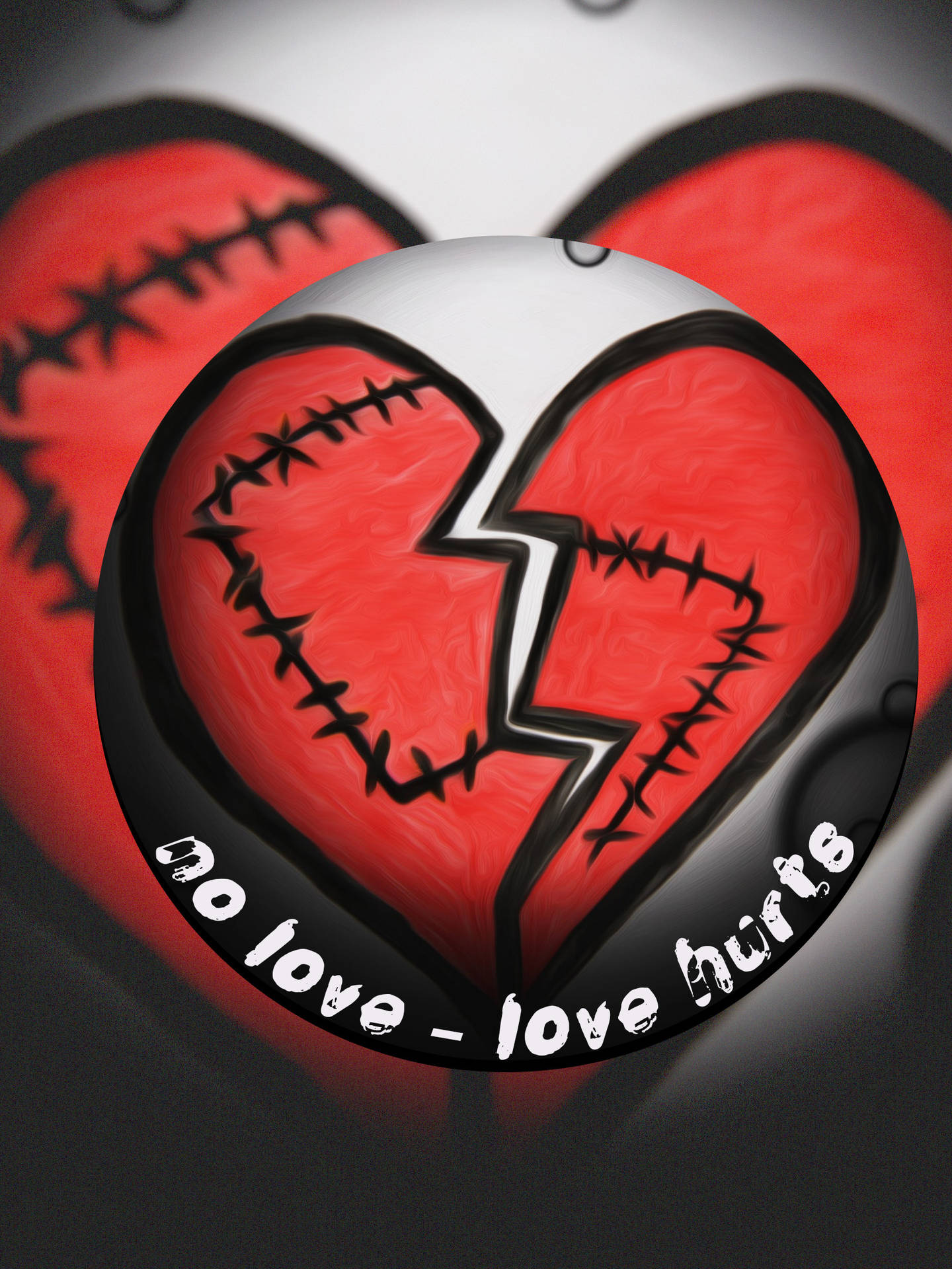 一個紅色縫合破碎的心，帶有文字 no love love hurts