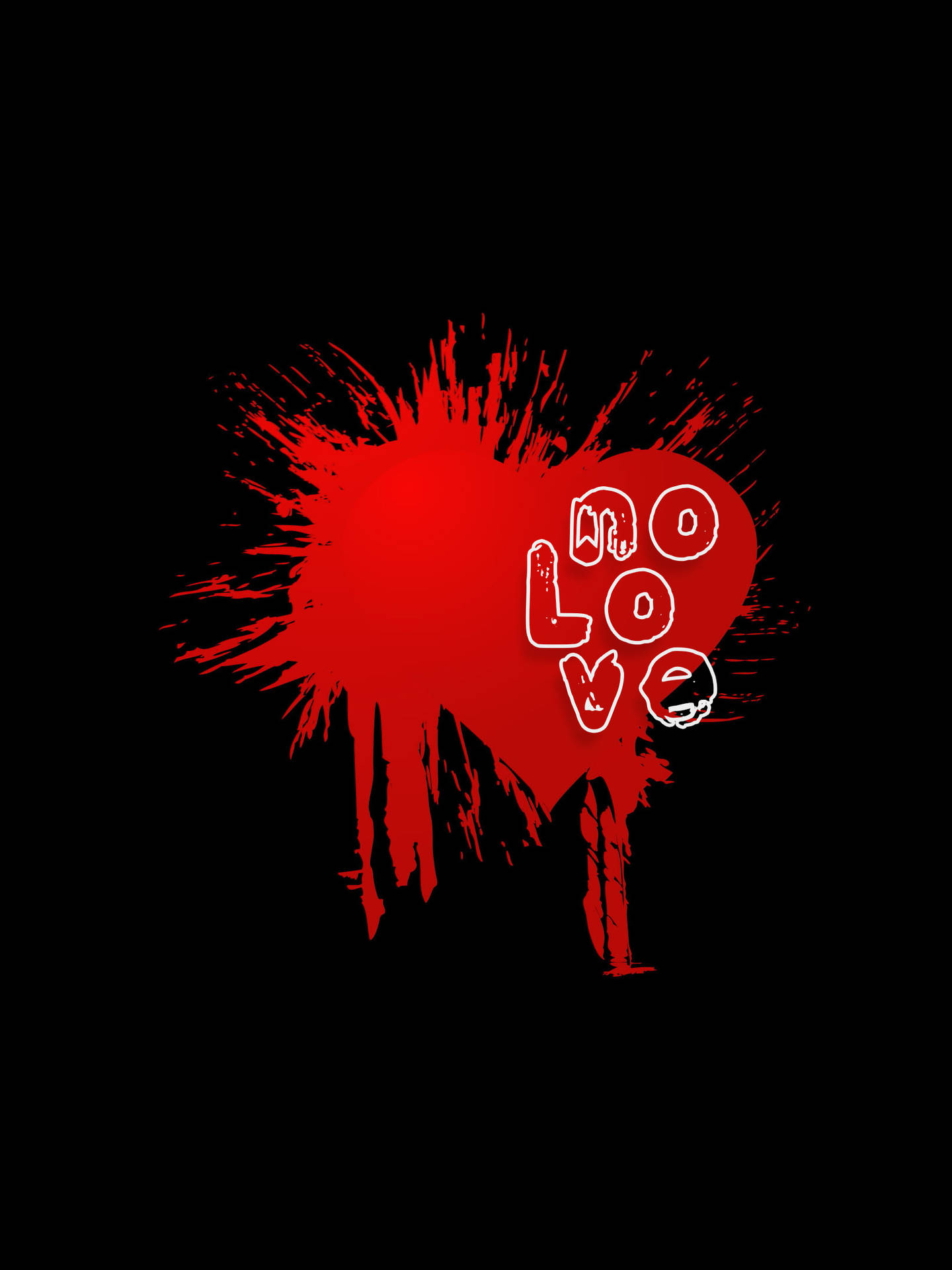紅色心形飛濺，邊緣滴落，白色文字寫著 no love，背景為黑色。