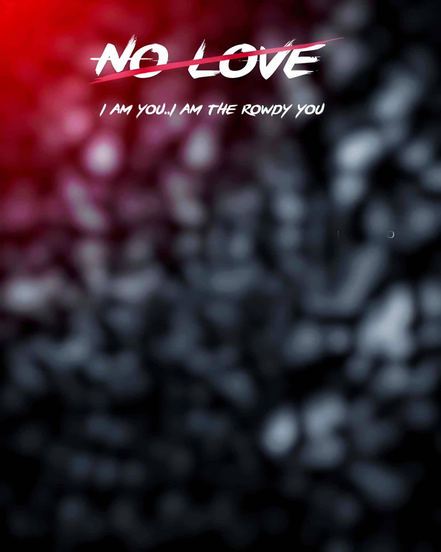 粗體文字 'NO LOVE' 在模糊的紅色和黑色背景上以紅色劃掉。