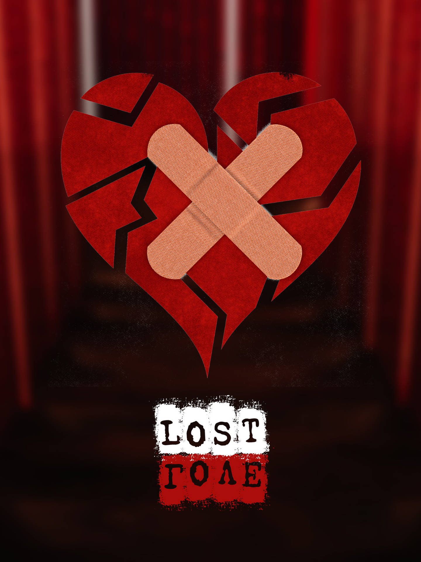 一個破碎的紅色心臟用繃帶修補，紅色窗簾上寫著「LOST LOVE」。
