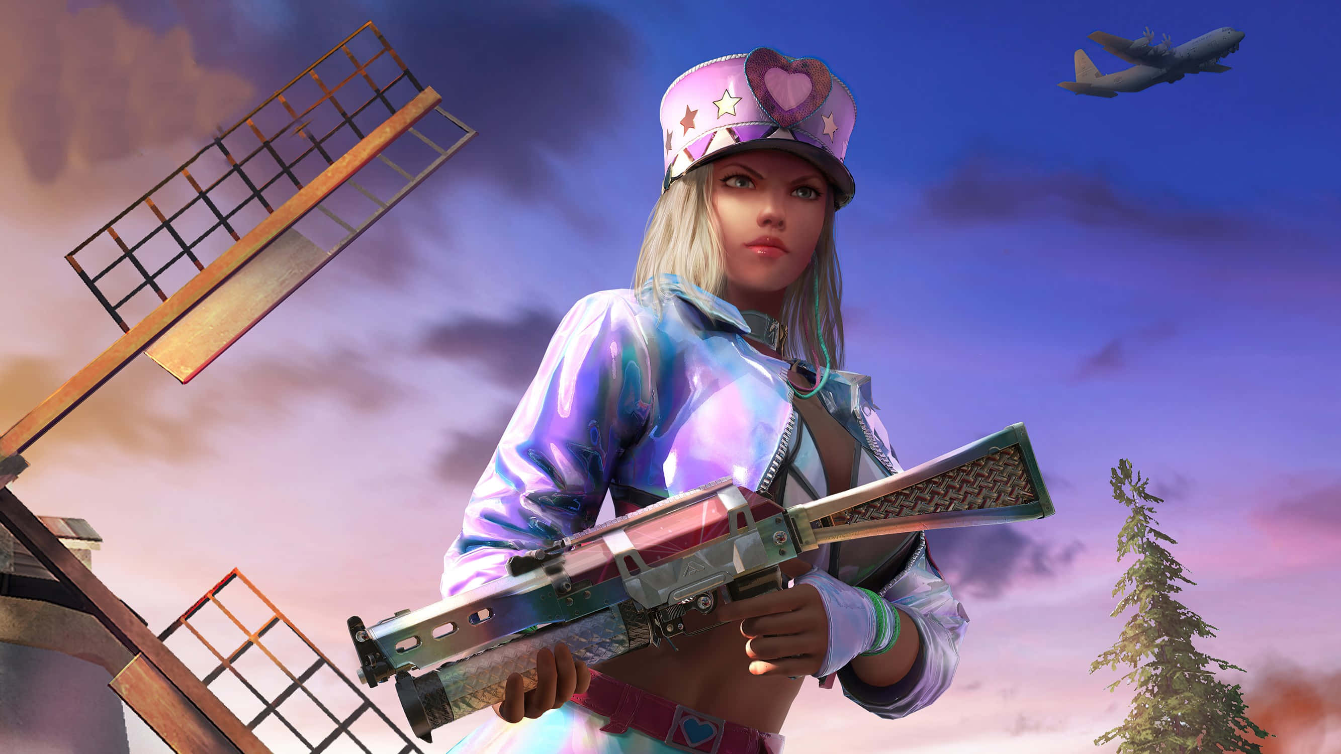 無懼戰鬥的PUBG女角色 壁紙 — 一位風格化的女性遊戲玩家穿著閃亮的紫色服裝，在暮色天空下拿著未來主義步槍，背景有風車和飛行的飛機。
