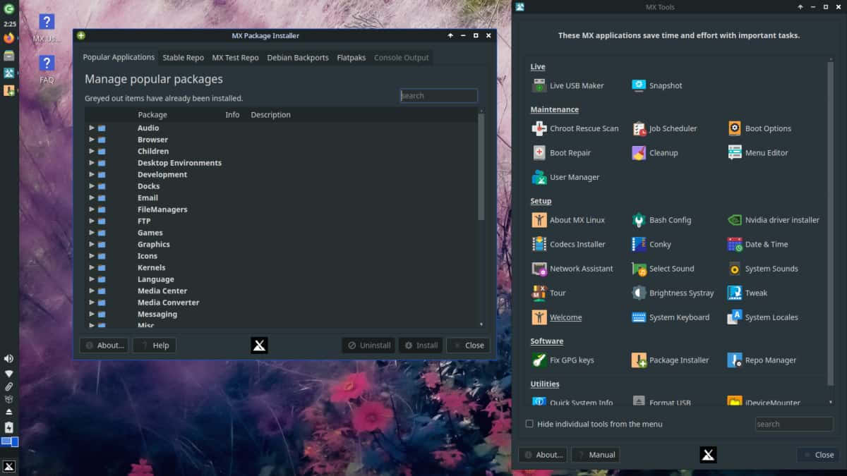 Linux 桌面顯示 MX Package Installer 和 MX Tools，搭配色彩繽紛的抽象背景。