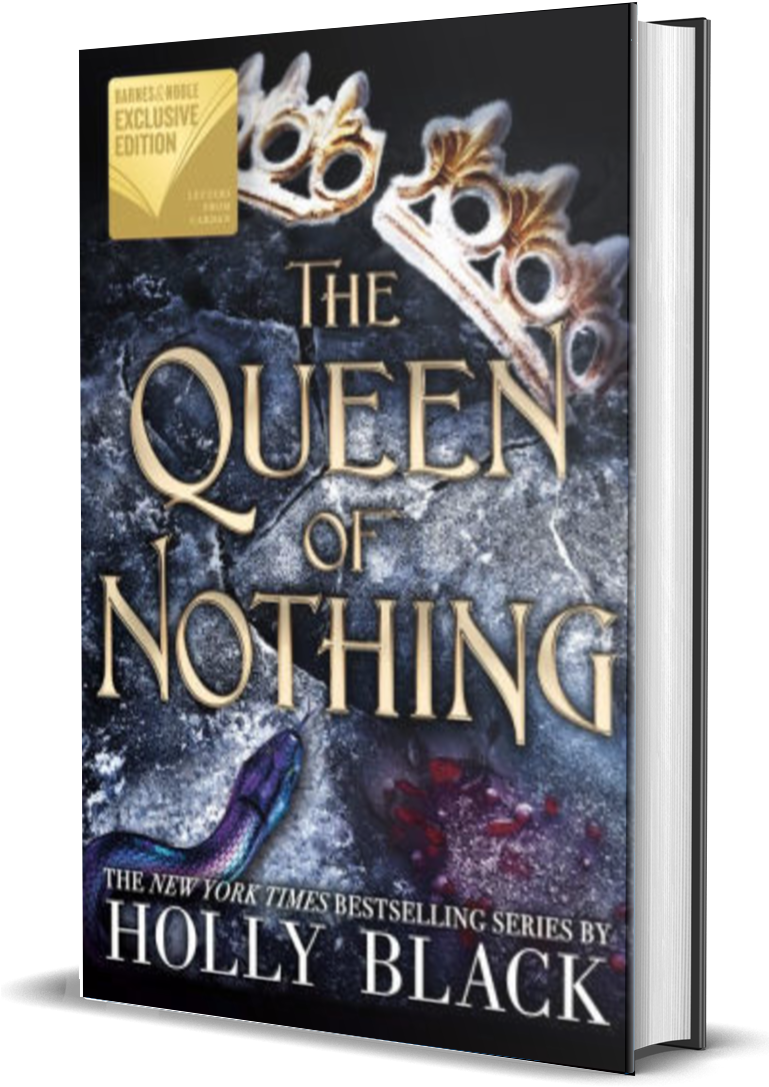 《無所不能的女王》書籍封面 壁紙 — 一本名為《The Queen of Nothing》的奇幻書籍封面，背景為深色紋理，上面有一個破碎的金色皇冠和一條紫色的蛇。