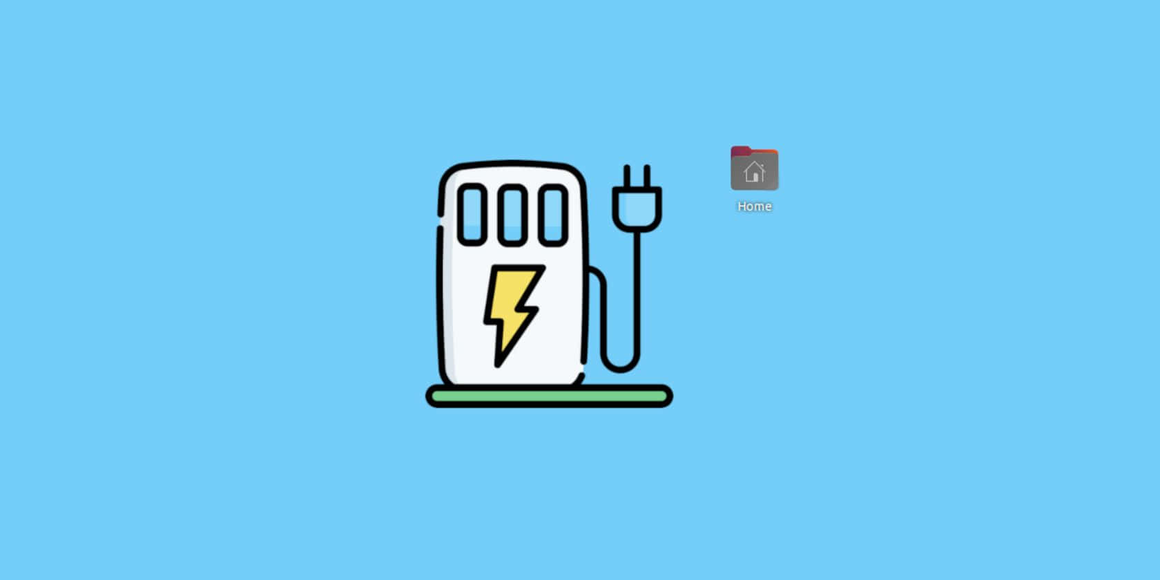 無插電的白色電池——儲能與節能的象徵 壁紙 — 一個極簡風格的電動車充電站圖示，帶有閃電符號，位於一個房屋資料夾圖示旁邊，背景為純藍色。