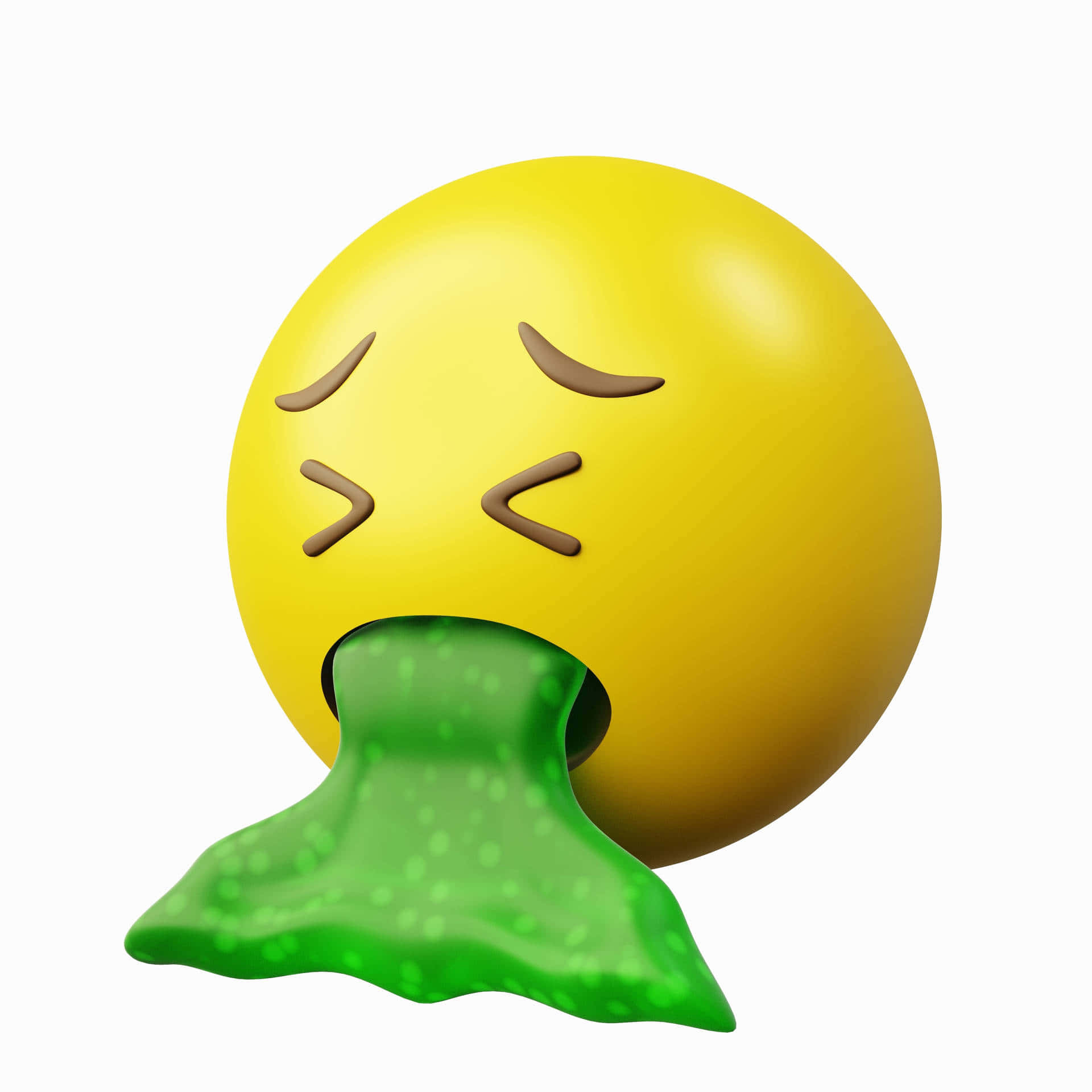 無敵Emoji壁紙 壁紙 — 一個黃色表情符號臉，閉著眼睛在白色背景上嘔吐綠色黏液。