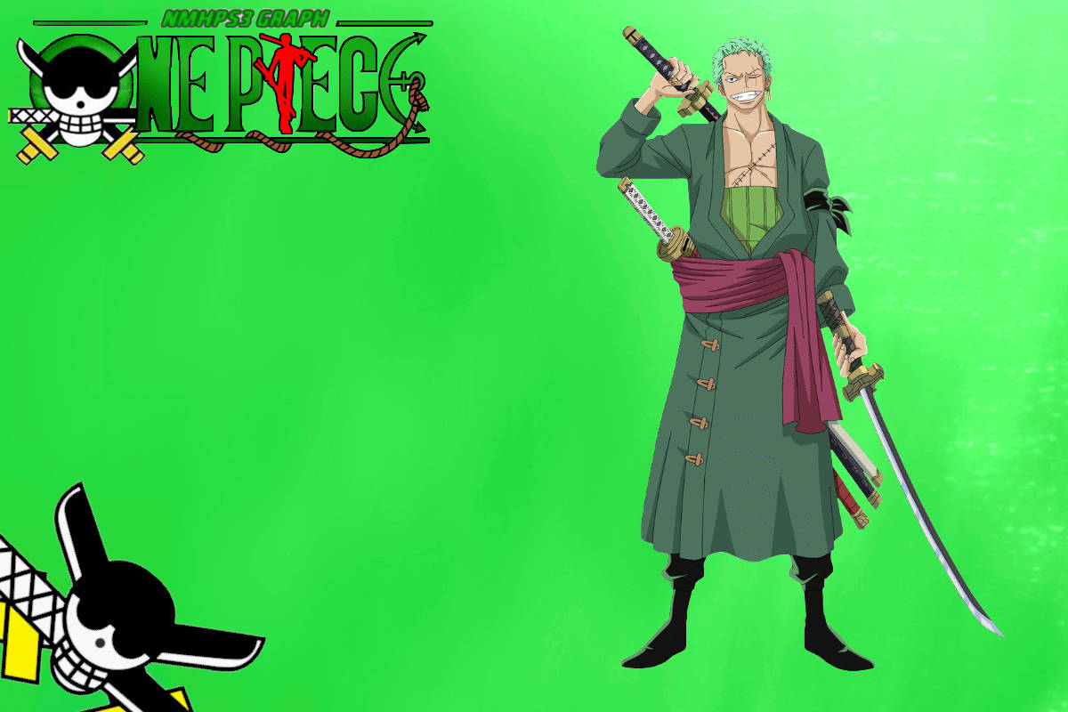 動畫海盜劍士羅羅諾亞·索隆手持三把刀，背景為綠色，帶有One Piece標誌。