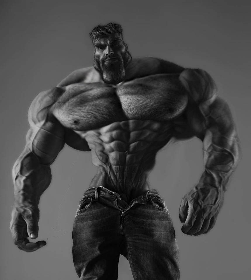 無敵力量——綠巨人Giga Chad 壁紙 — 一幅超寫實黑白插圖，描繪一位肌肉發達、留鬍鬚的男人穿著牛仔褲，表情強烈地擺姿勢。
