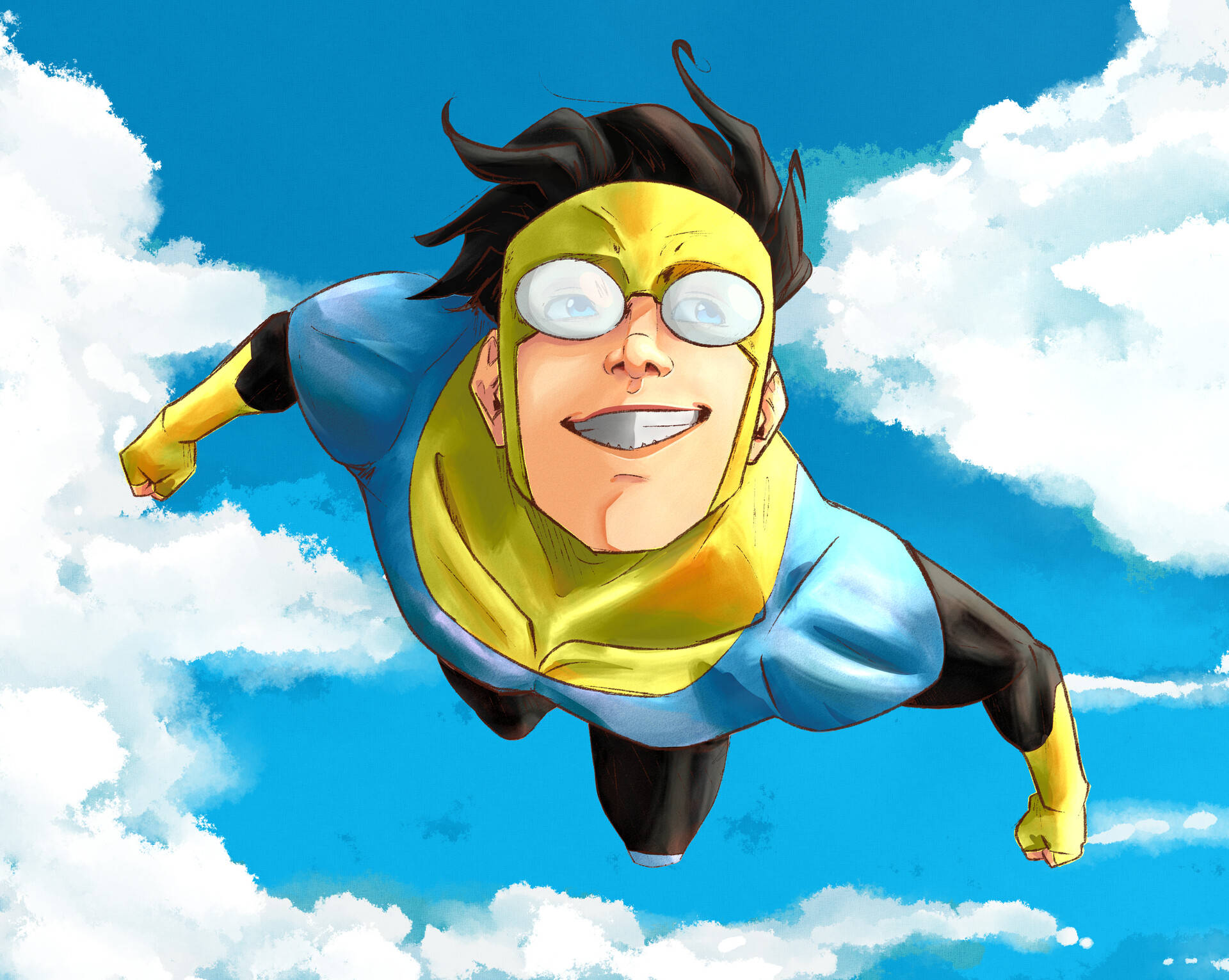 動漫超級英雄在藍天白雲中飛行，戴著黃色面具和藍色套裝。