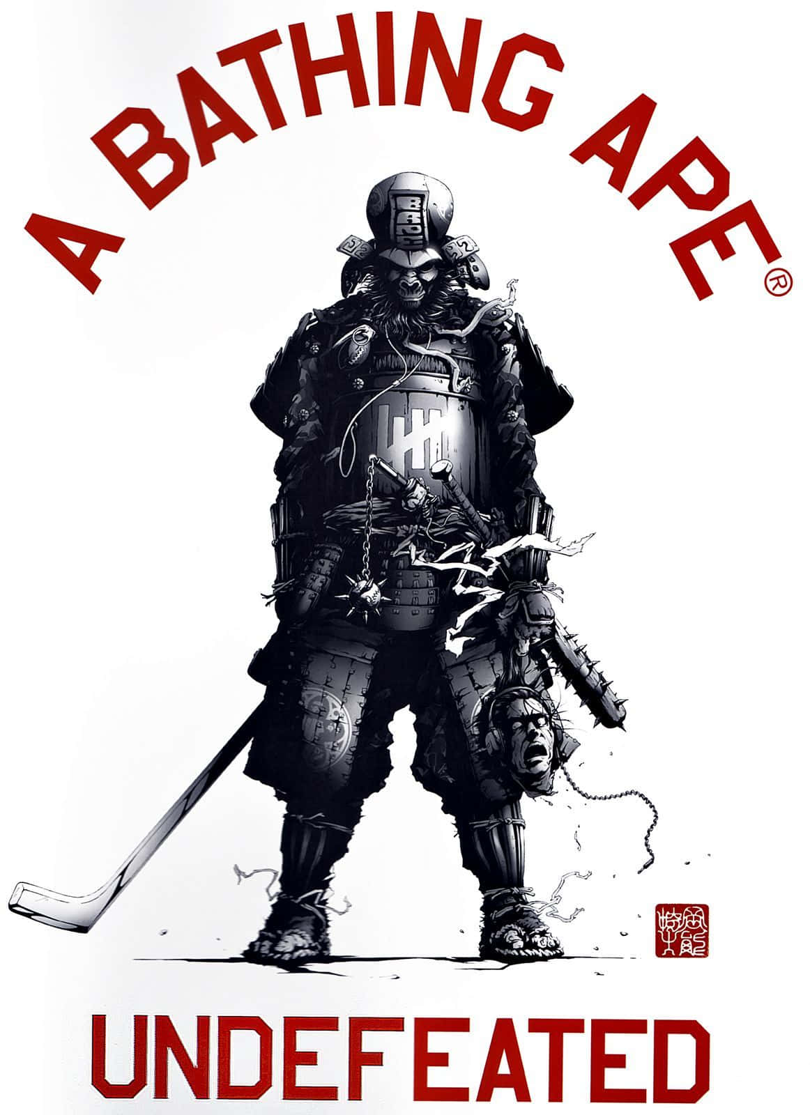 穿盔甲的武士手持曲棍球棒，腳邊有猿頭。