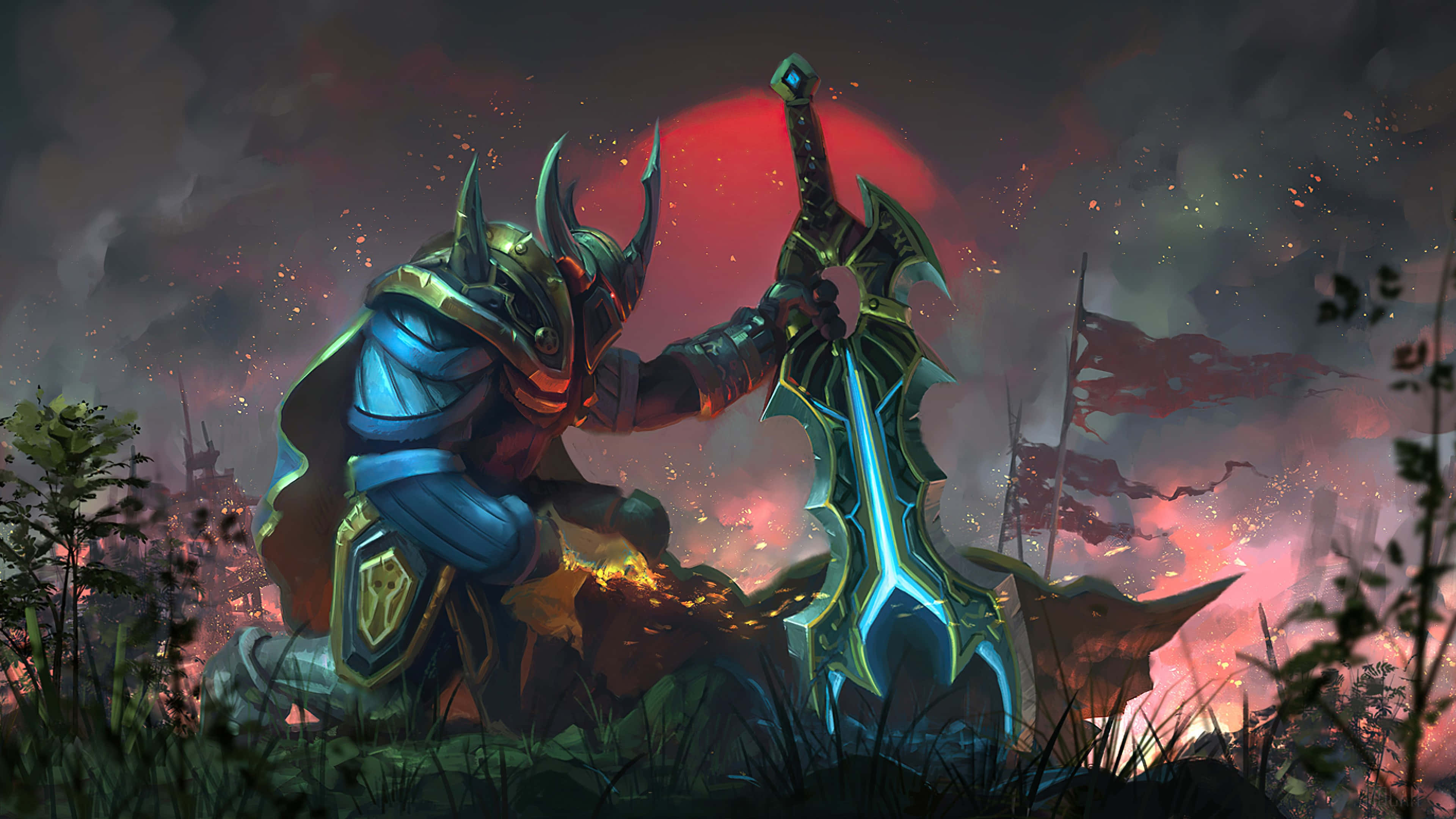 無敵的4K Dota 2遊戲體驗 壁紙 — 一名身穿盔甲的戰士跪在火熱的田野中，手持發光的劍，天空血紅。