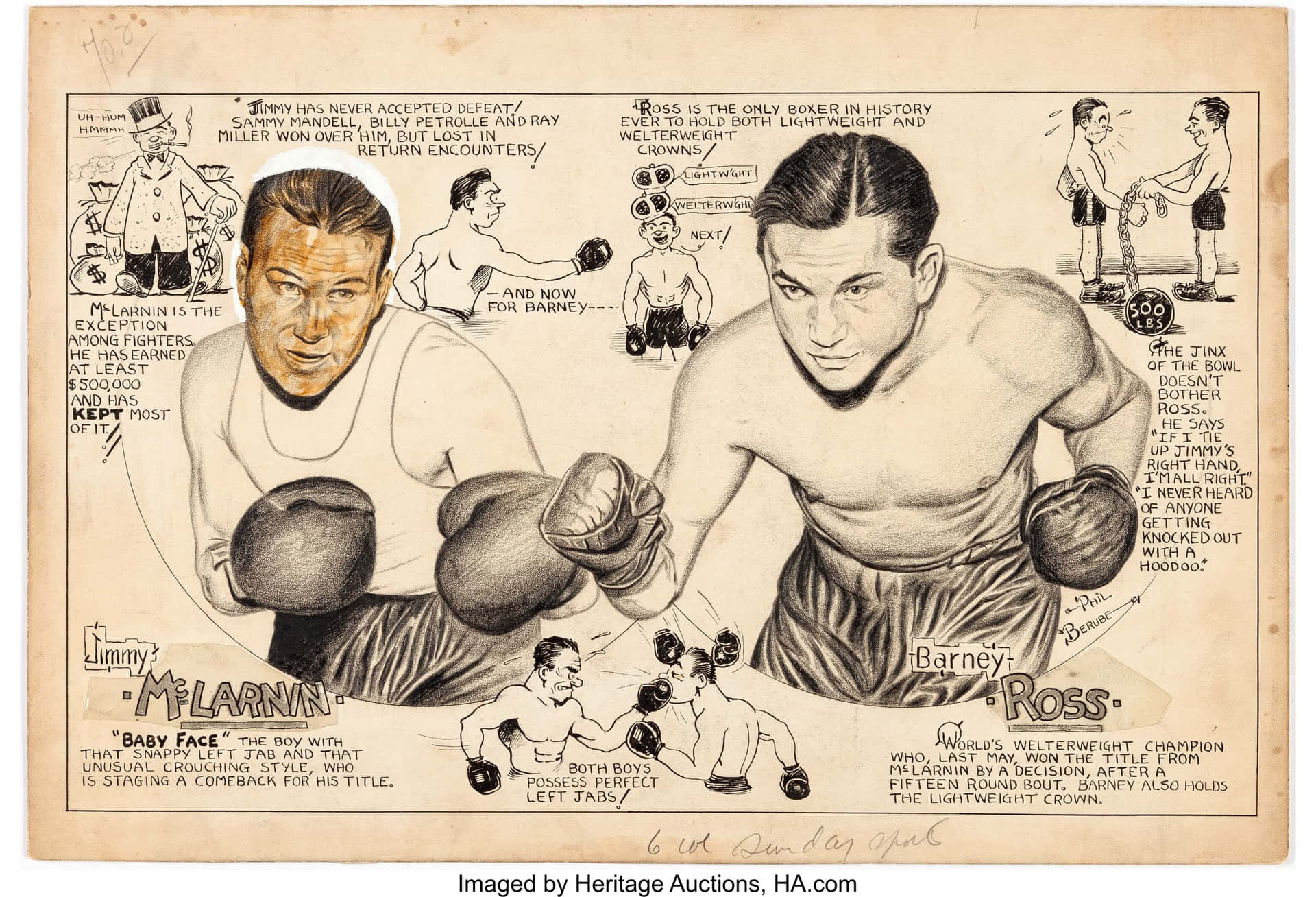 拳手 Jimmy McLarnin 和 Barney Ross 的復古拳擊插畫，附有描述性文字。