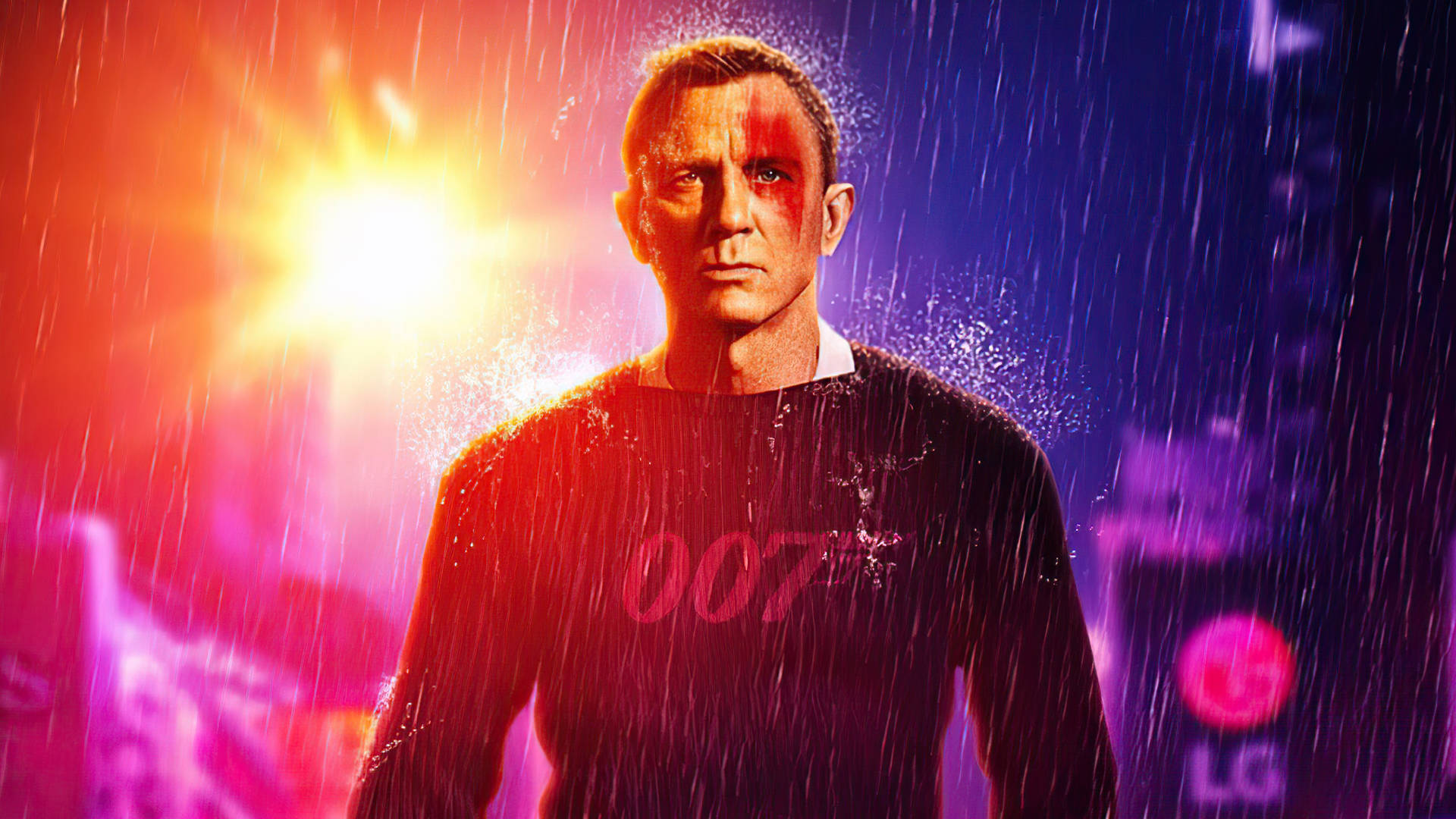 占士邦在雨中穿著007毛衣，背景是霓虹城市。