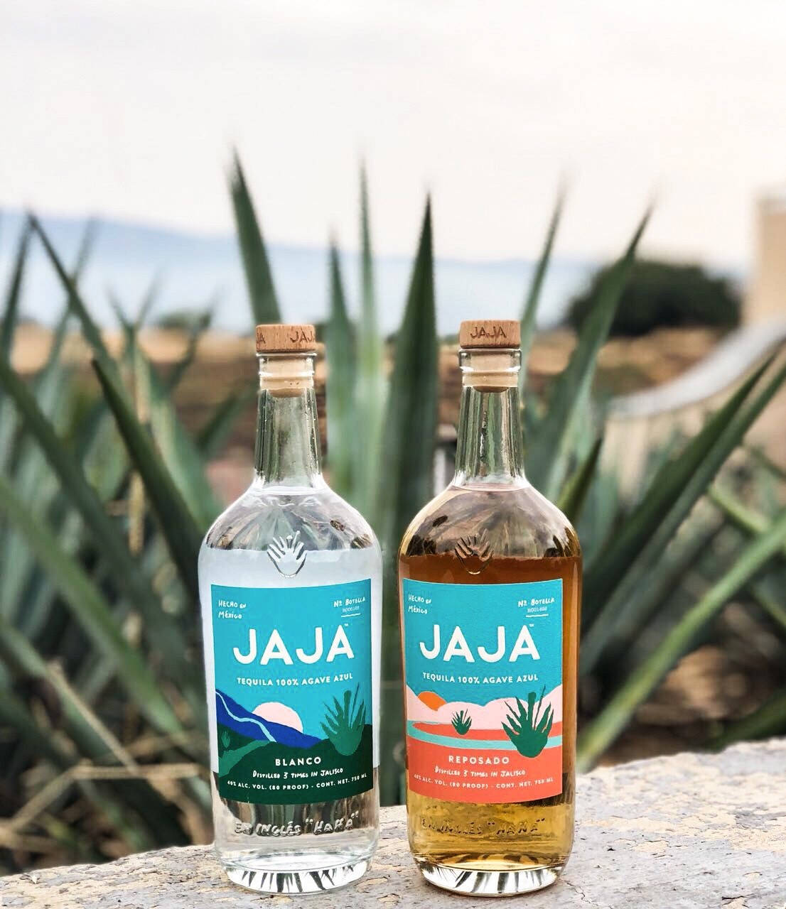石上的兩瓶Jaja龍舌蘭酒blanco和reposado，後面有龍舌蘭和山脈。