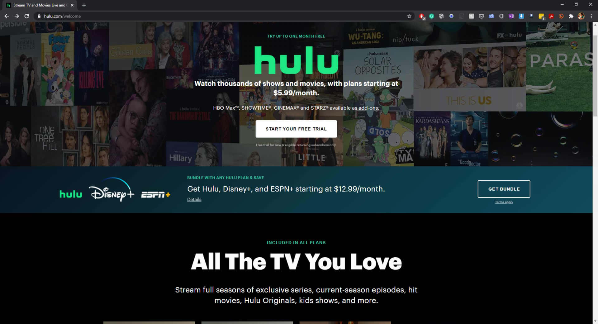 Hulu 串流服務首頁，展示電視節目海報和訂閱優惠。