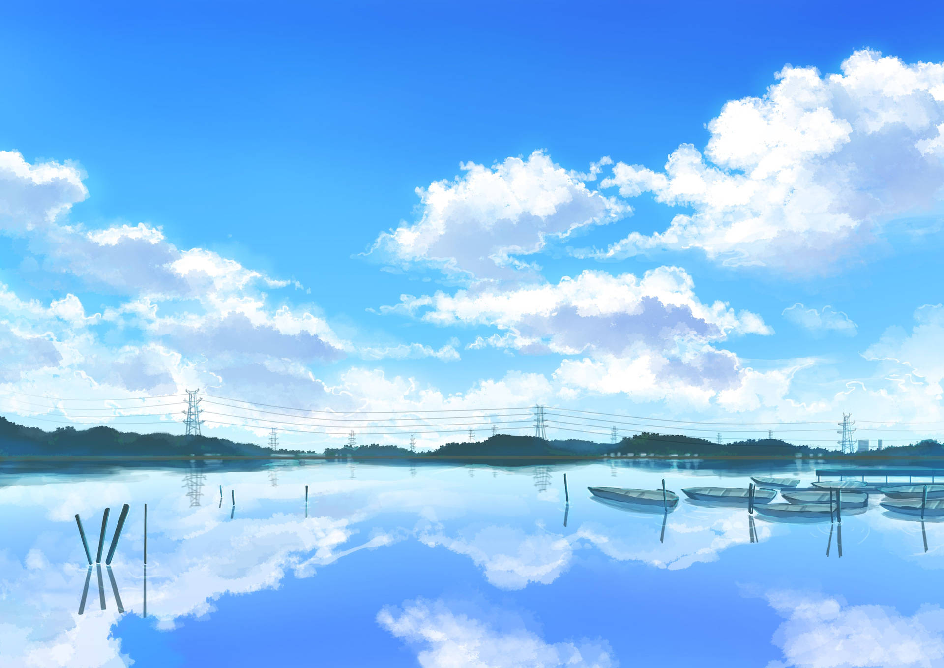 平靜的湖泊映照藍天白雲，岸邊停泊著船隻。