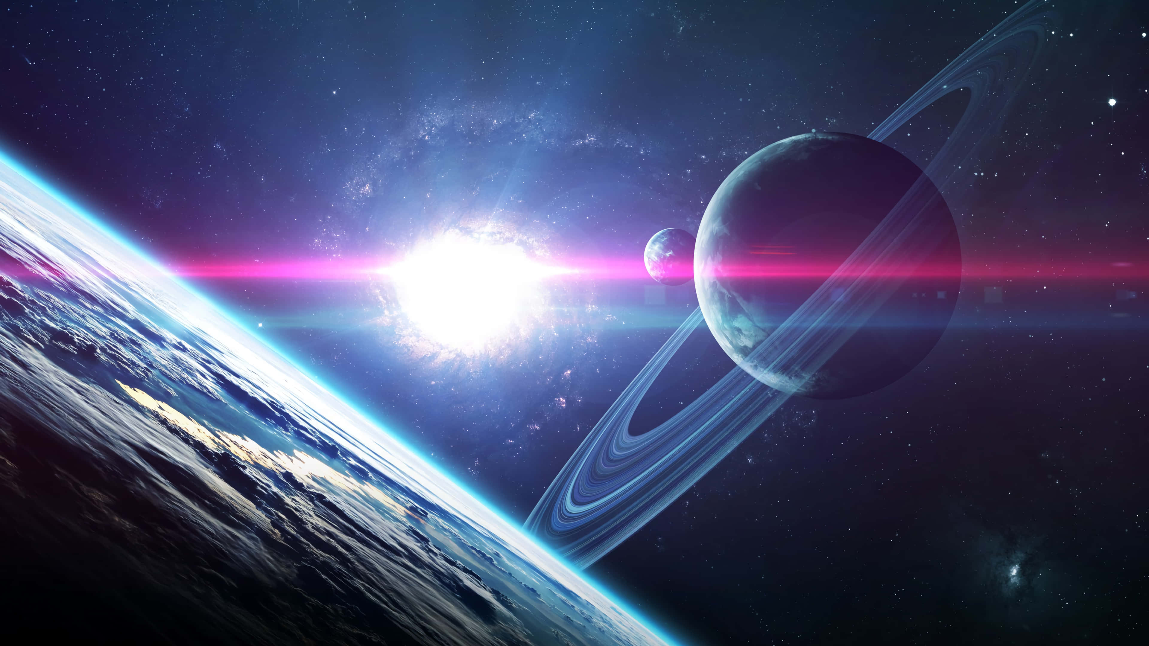 無盡宇宙奇觀 壁紙 — 一個充滿活力的宇宙場景，包含發光的太陽、帶有光環的行星，以及地球彎曲的地平線，背景是繁星點點的深藍色太空。