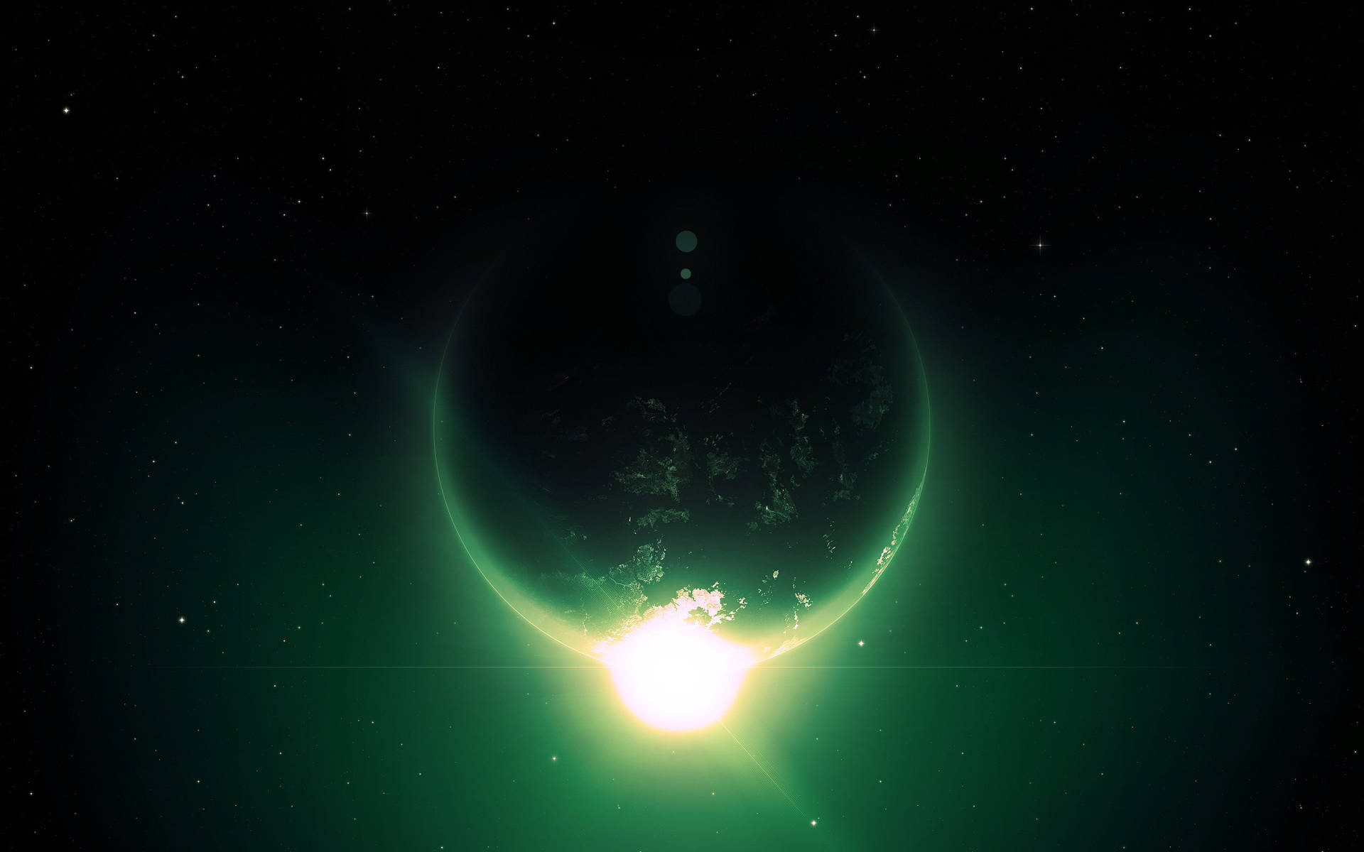 一顆綠色行星，在太空中地平線上有明亮的太陽爆發。