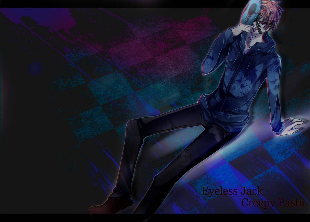 令人毛骨悚然的動漫角色 Eyeless Jack 在深紫藍色背景中手持發光球體。