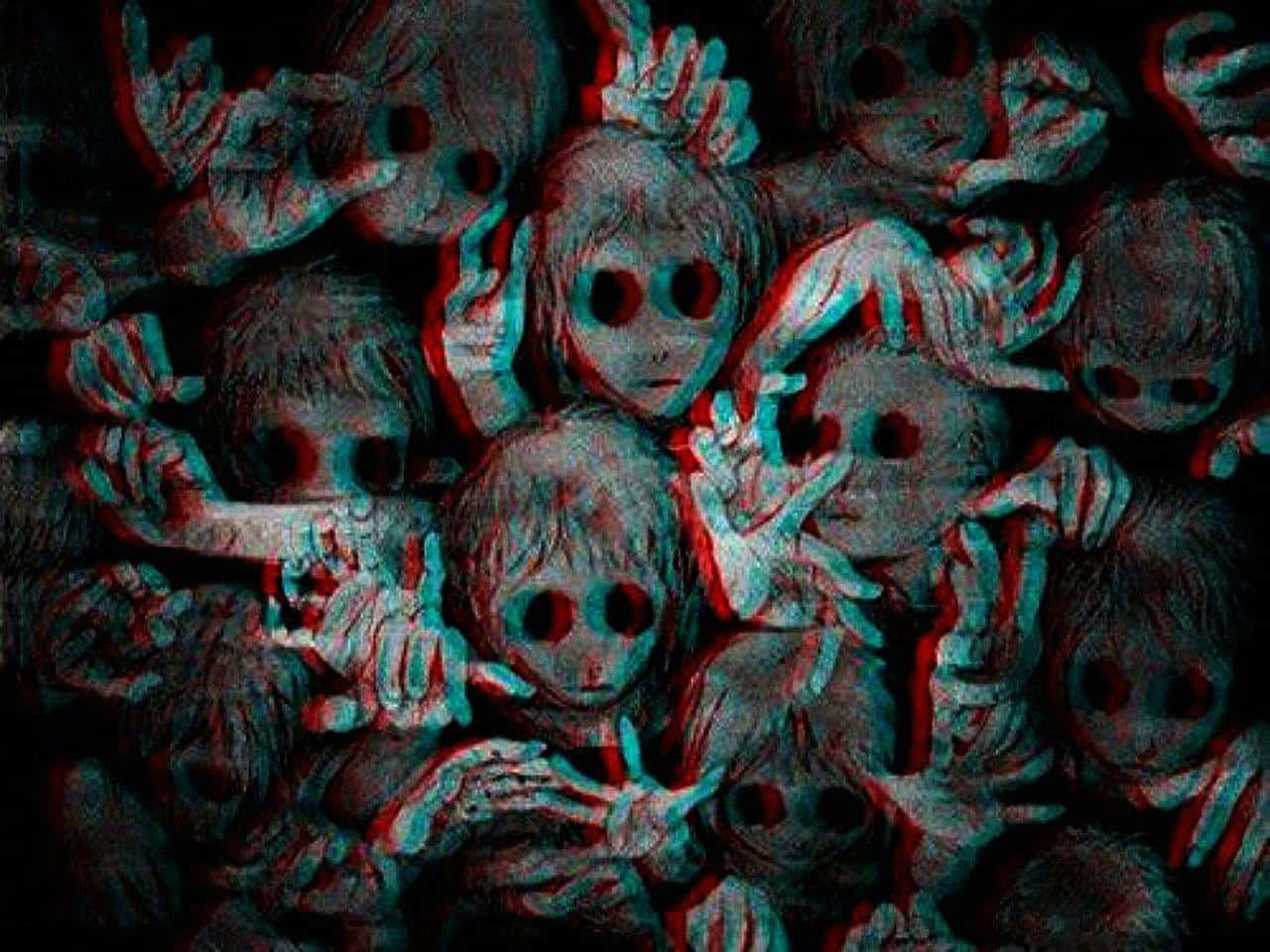 一群扭曲嘅兒童面孔，伸出嘅手，以紅色青色3D效果呈現。