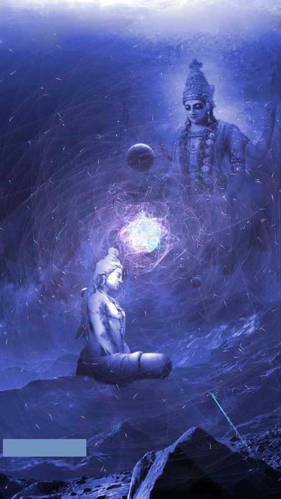 兩個坐著的神聖人物被水下發光的宇宙能量包圍。