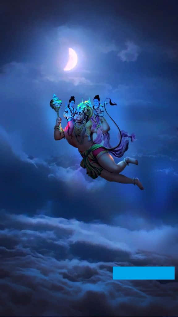 神聖嘅猴神飛過月光照耀嘅雲層，帶住隨從
