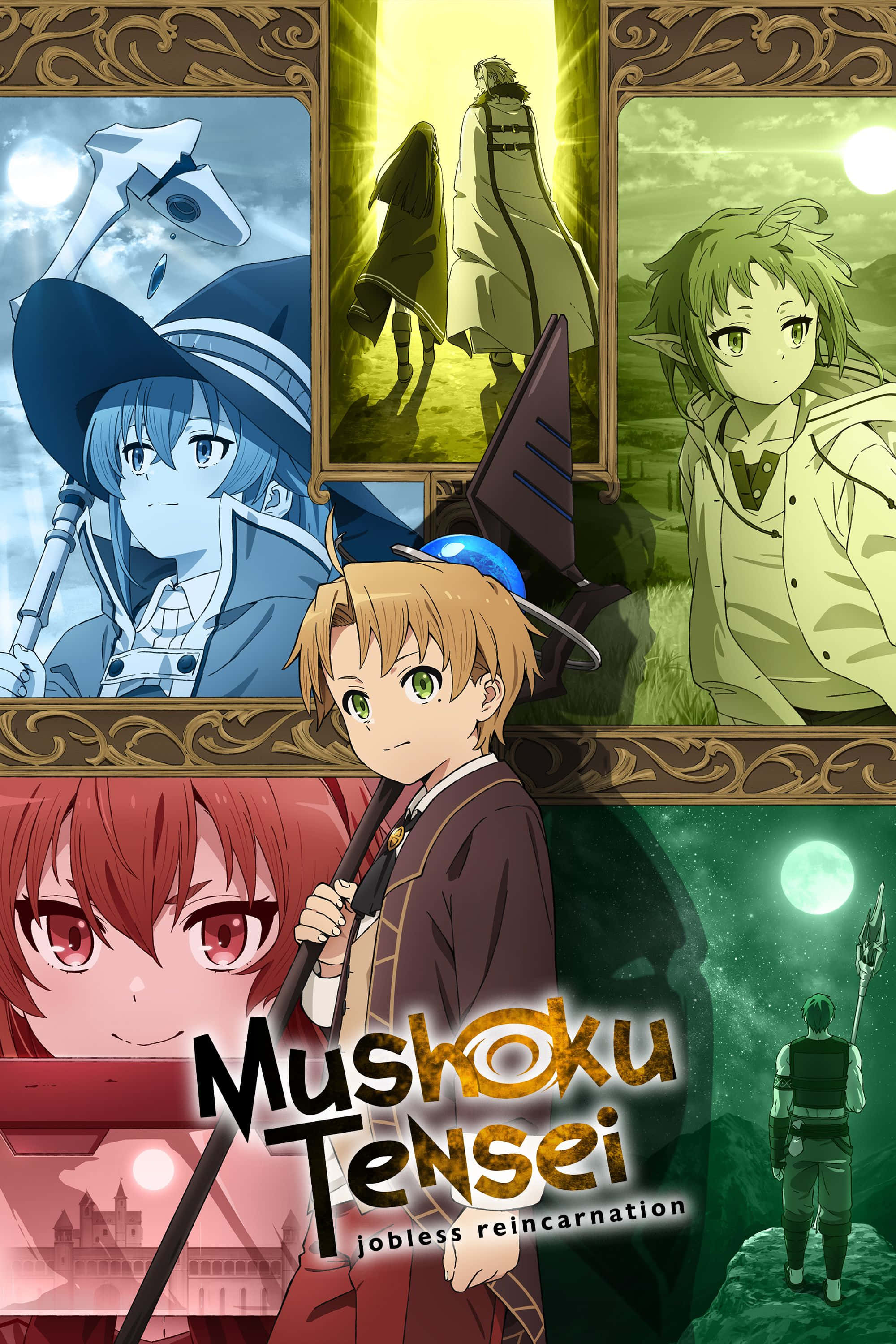 Mushoku Tensei 桌布 壁紙 — 《無職轉生》動畫海報，六個角色在不同場景中，配有華麗框架和奇幻元素。