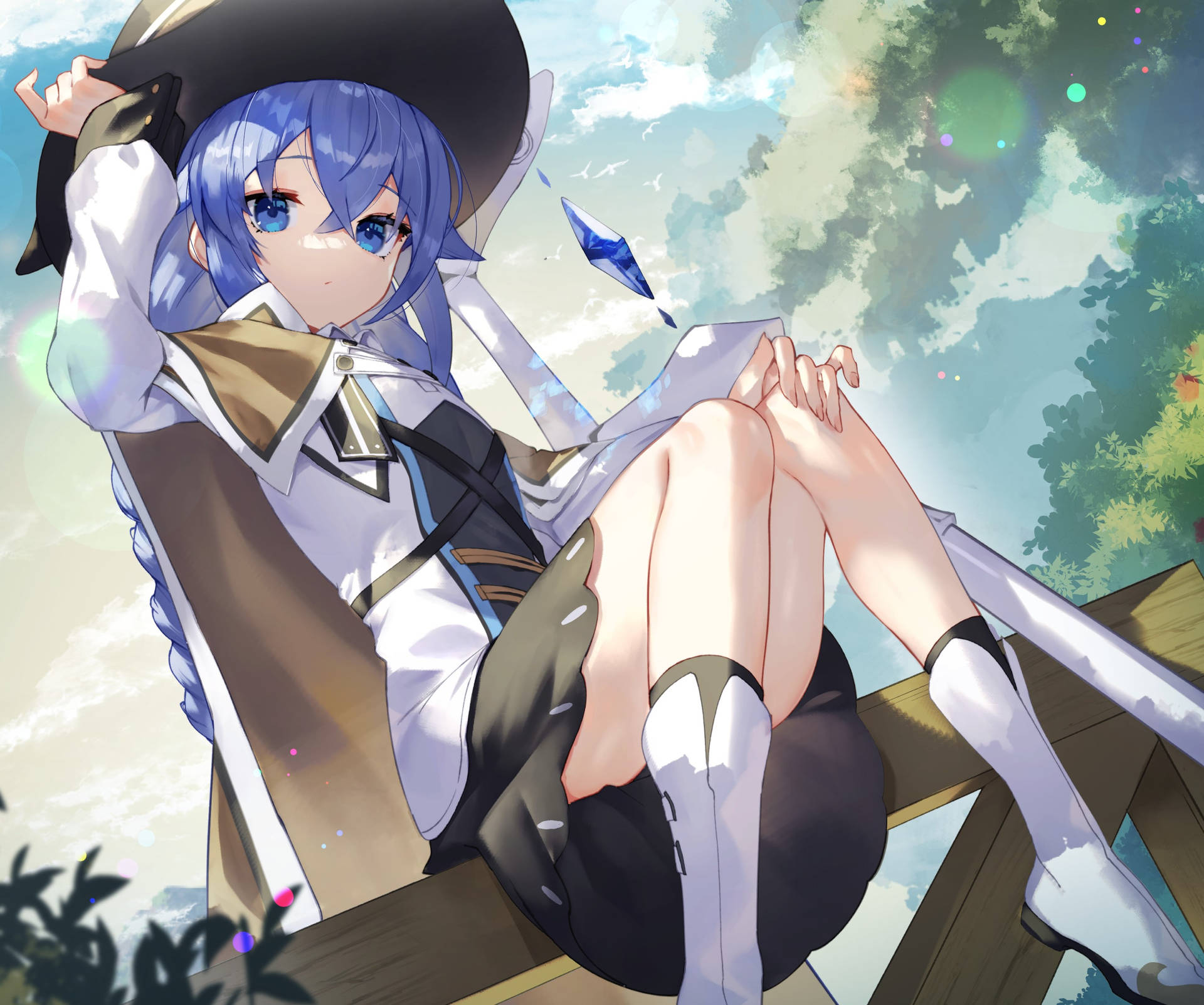 藍髮動漫少女穿著校服在戶外木長椅上放鬆。