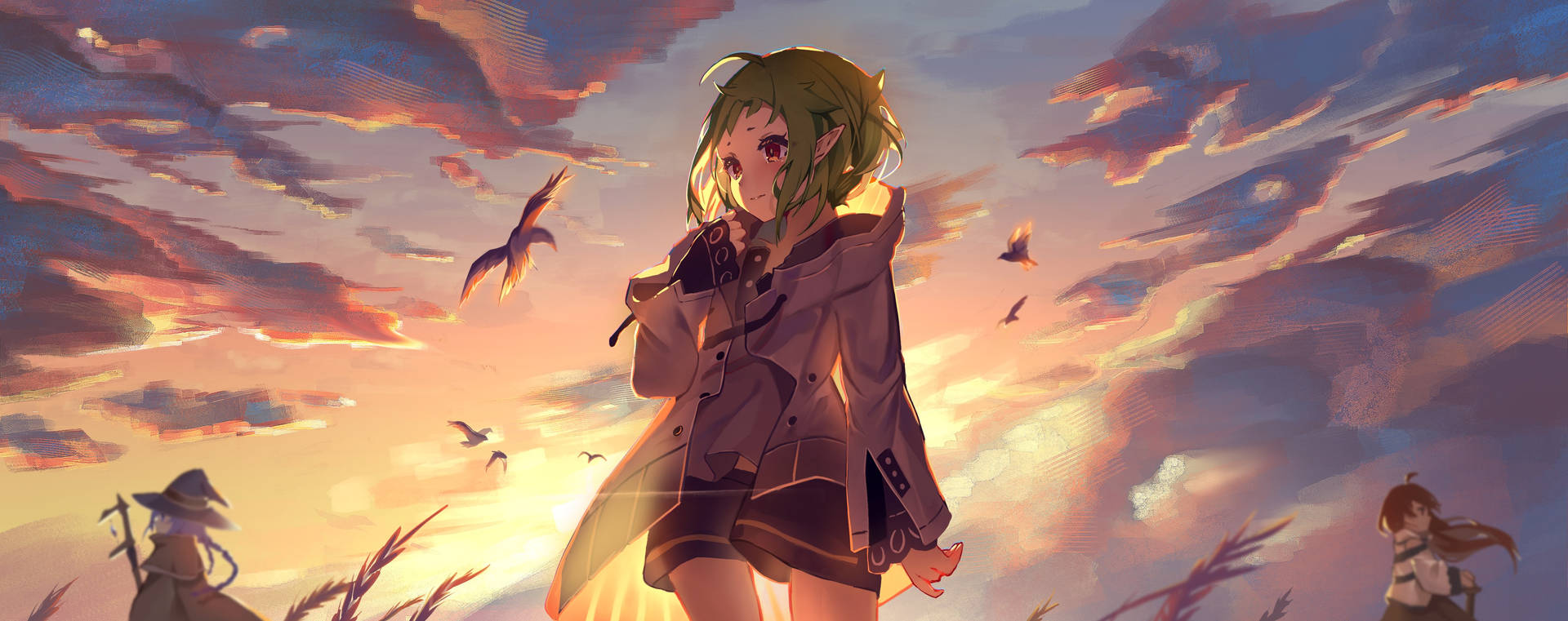 綠髮動漫女孩穿著風衣，站在夕陽下的田野中，鳥兒飛翔。