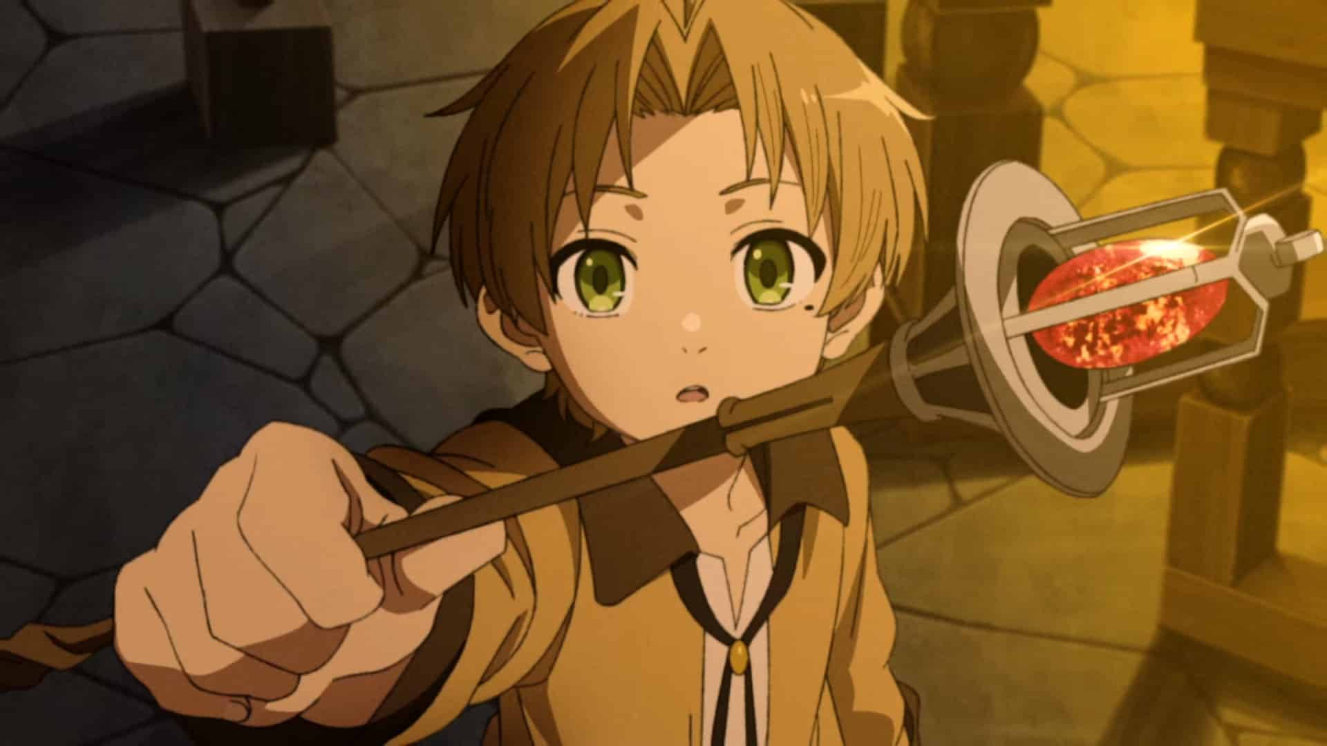 年輕動漫男孩在石地牢中拿著發光武器
