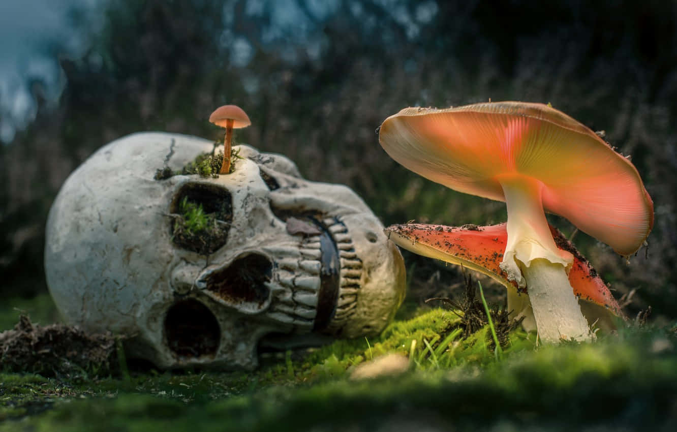 頭骨和蘑菇在長滿苔蘚的森林地面上生長