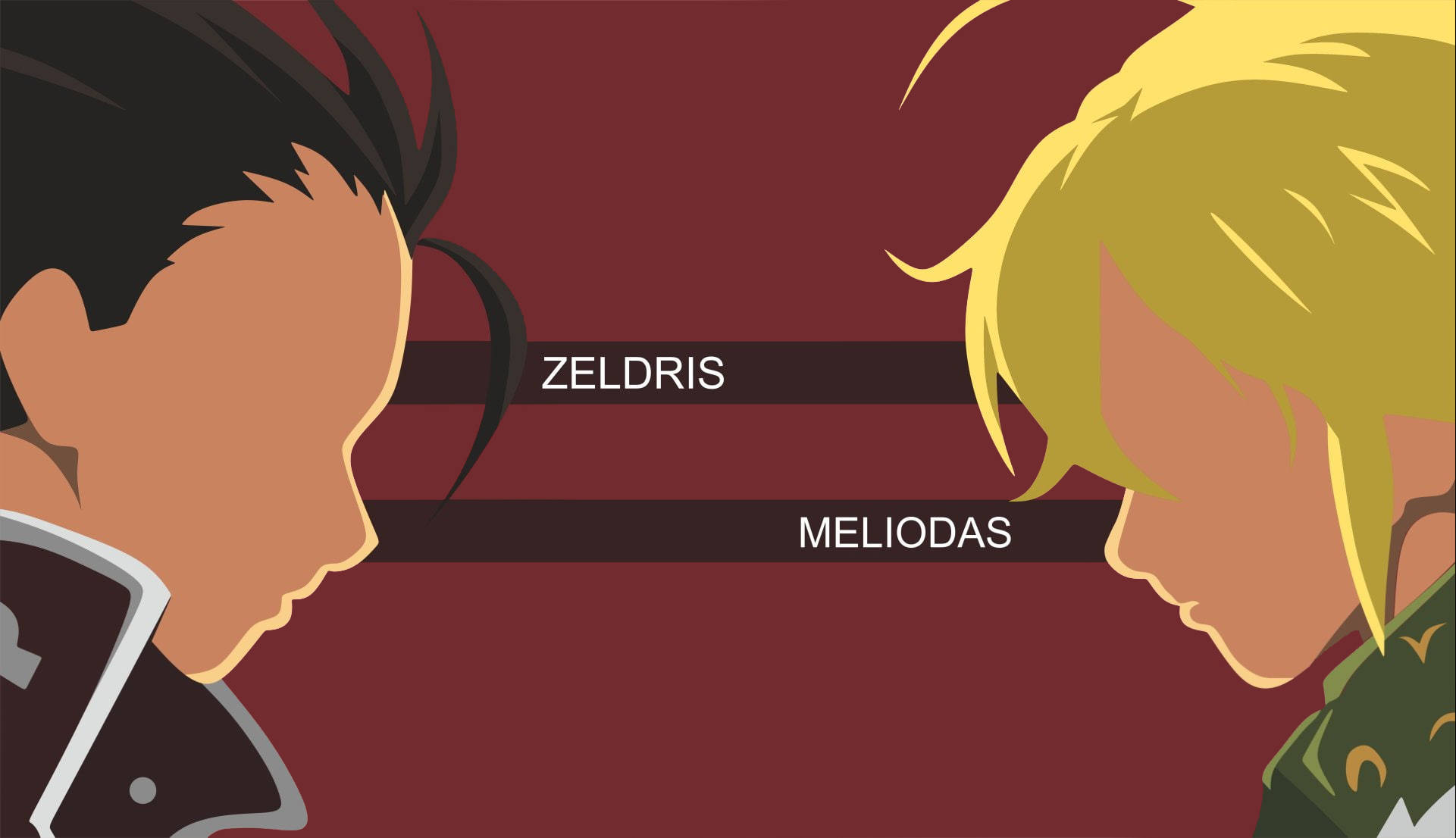 無臉 Zeldris 與 Melodias 壁紙 — 兩個動漫角色側面相對，背景為深紅色，並標有他們的名字。
