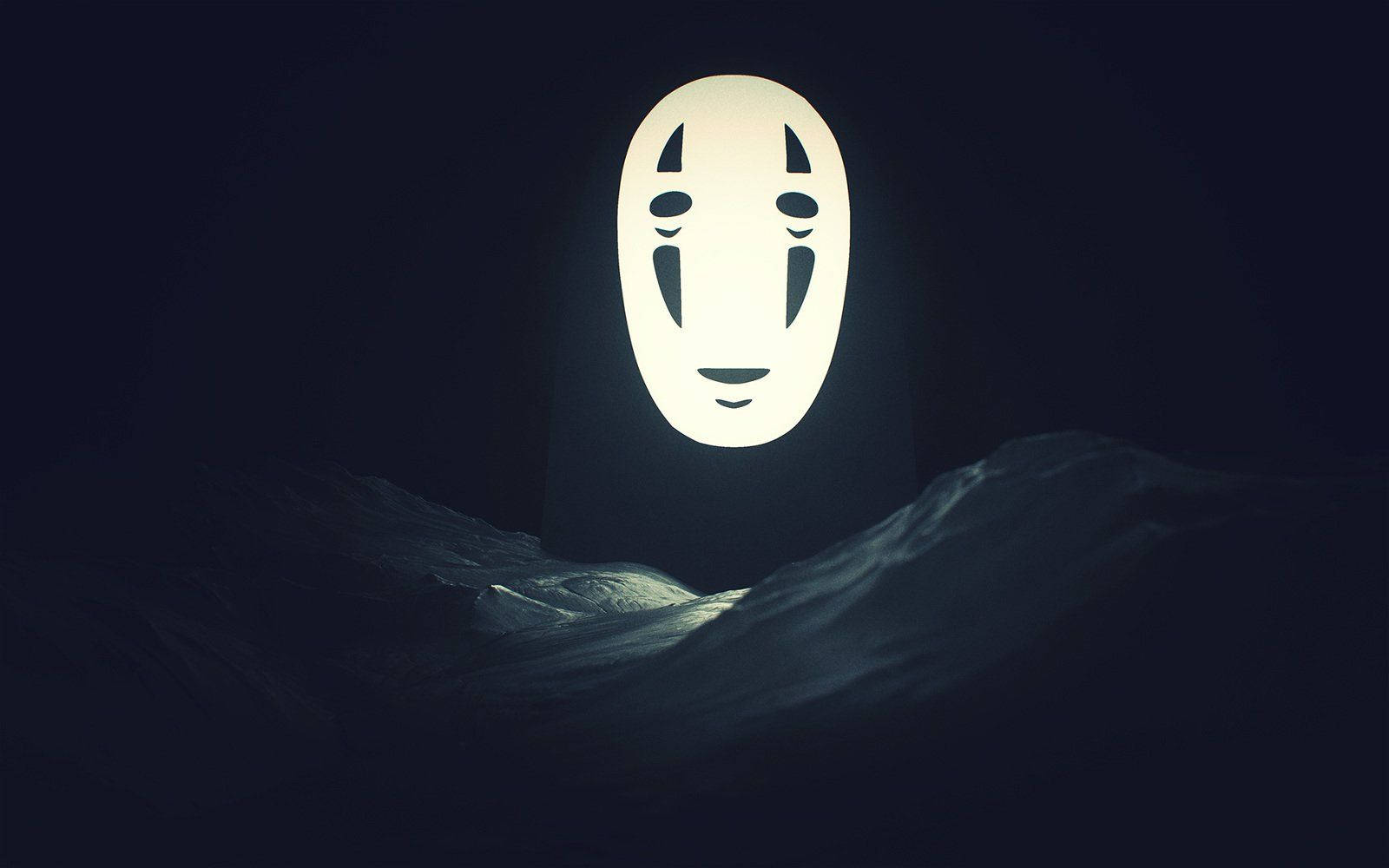 無臉男月光輝映 壁紙 — 在夜空下，一個發光的白色面具靈魂從黑暗的雪地中出現。