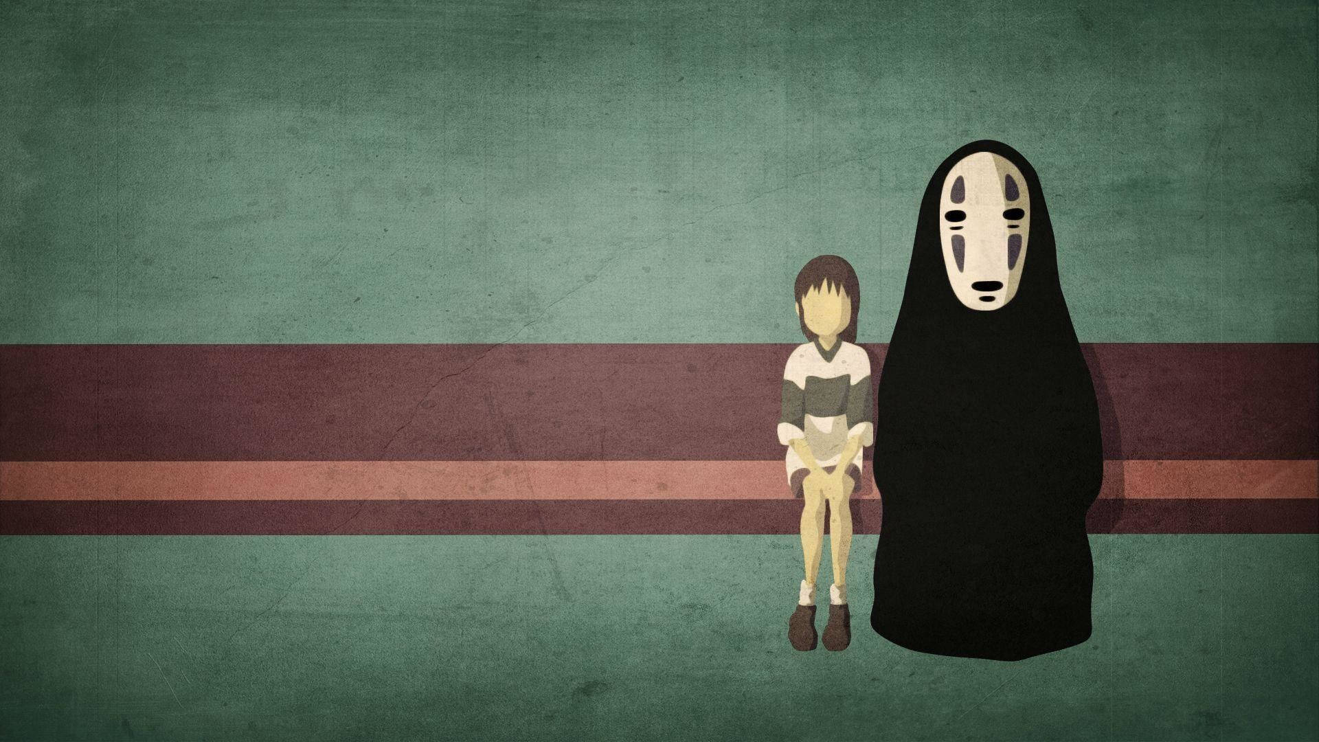無臉男與千尋背景 壁紙 — 一個年輕女孩坐在沉默的無臉男旁邊，背景是帶有紋理的綠色和栗色條紋。