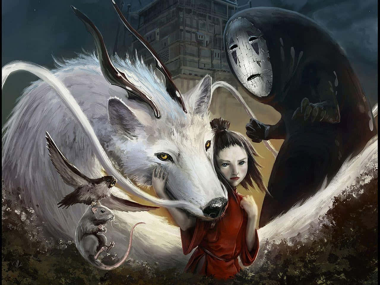 無臉男與白龍探索《千與千尋》的祕密 壁紙 — 一個身穿紅衣的年輕女孩站在一頭雄偉的白狼旁邊，一個戴面具的靈魂在他們身後隱現，營造出黑暗而充滿氣氛的場景。