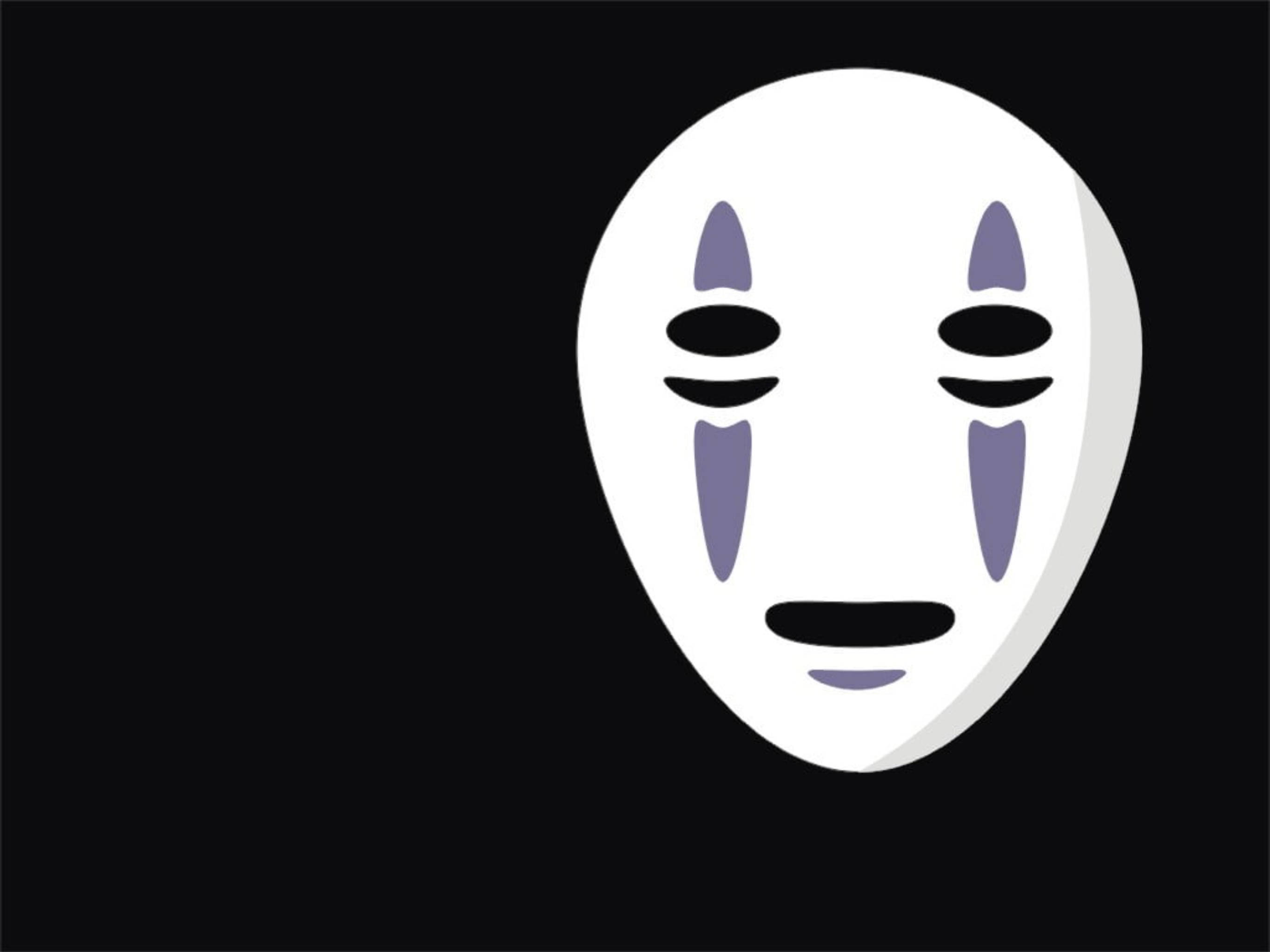 無臉男近距離藝術 壁紙 — 一個極簡白色面具，帶有紫色淚滴狀標記和黑色眼口縫隙，居中於黑色背景上。