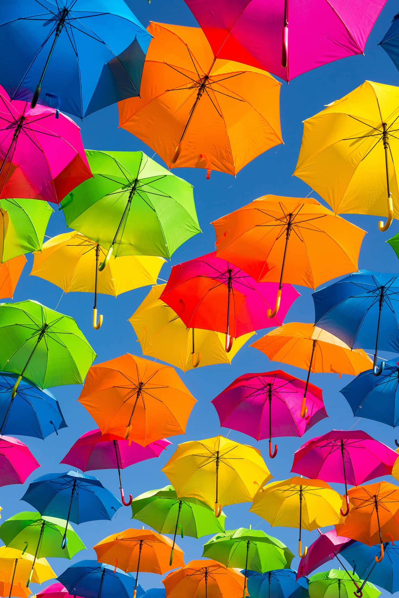 充滿漂浮彩色雨傘的天空，色調明亮。