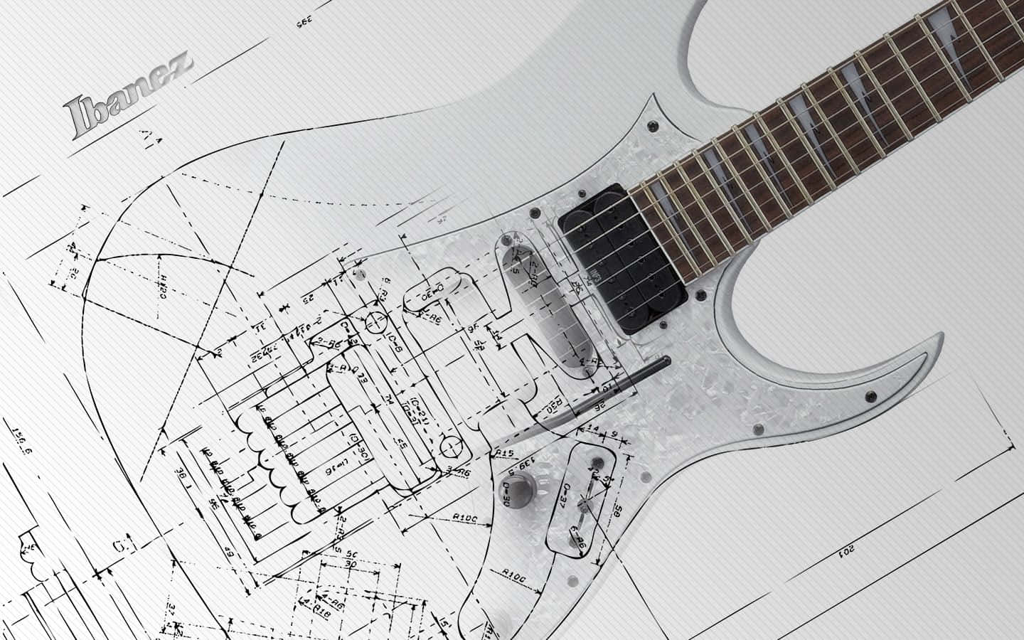 Ibanez電結他疊加在技術設計圖紙上。