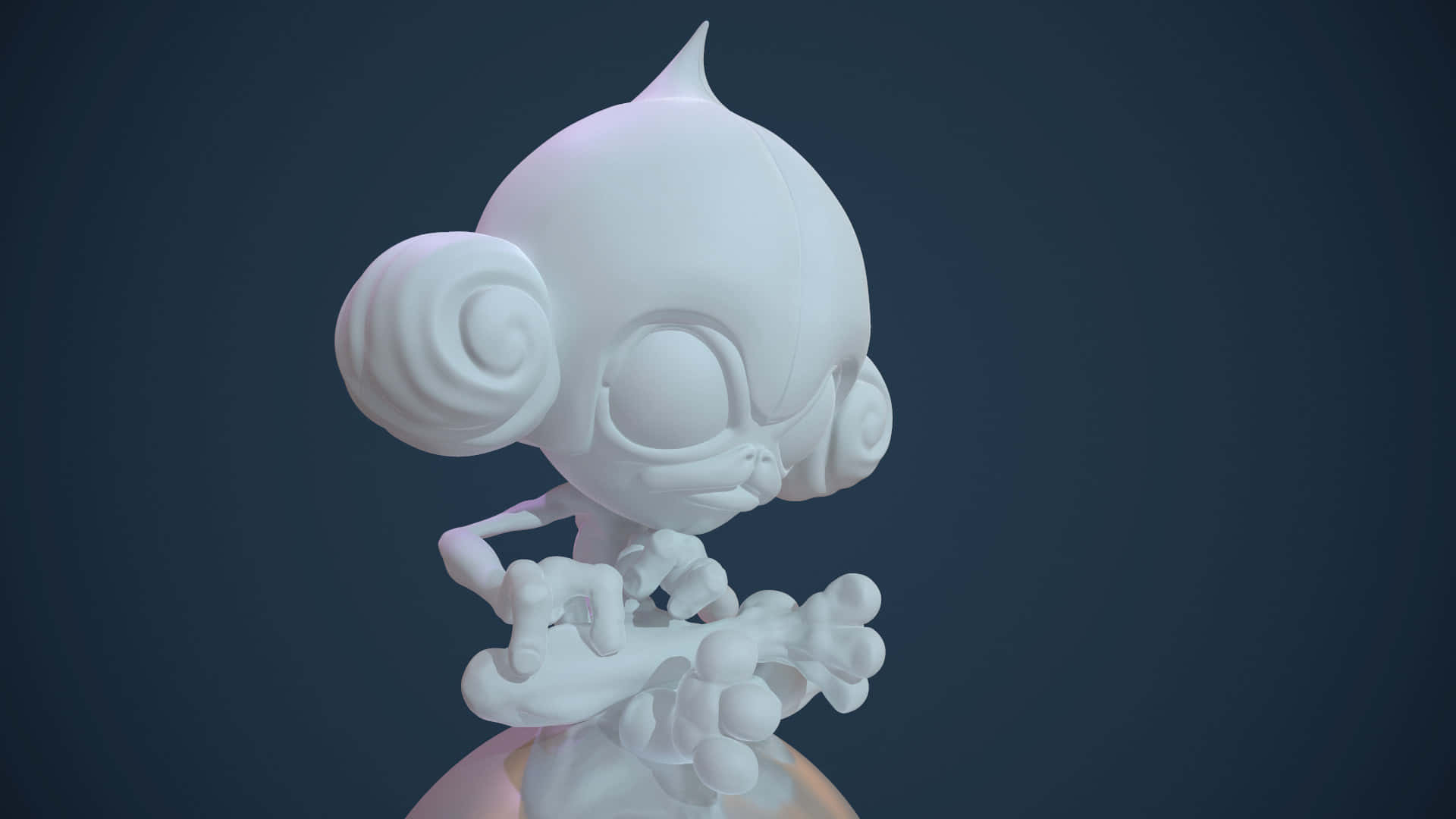 一個白色3D猴子公仔，帶有螺旋耳朵和尖頭。