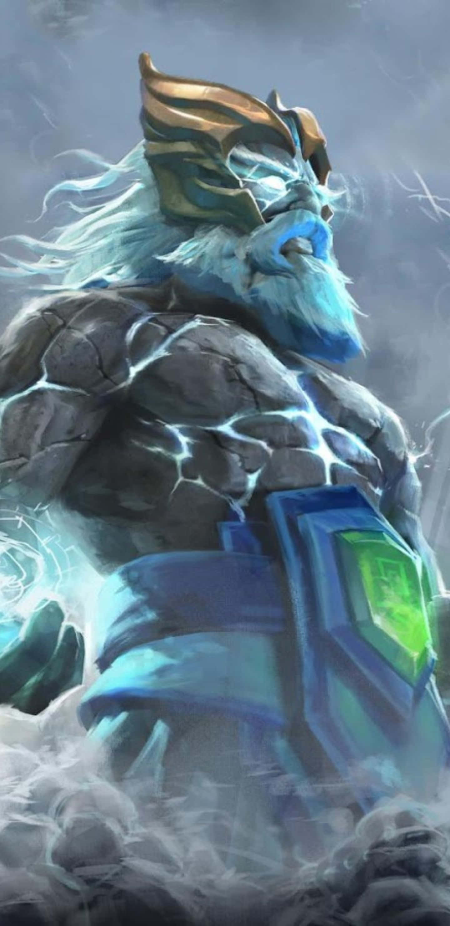 無衣宙斯於 Pixel 3xl Dota 2 背景 壁紙 — 一位高大的藍皮膚神祇，擁有噼啪作響的閃電力量和金色頭盔，站在暴風雲中。