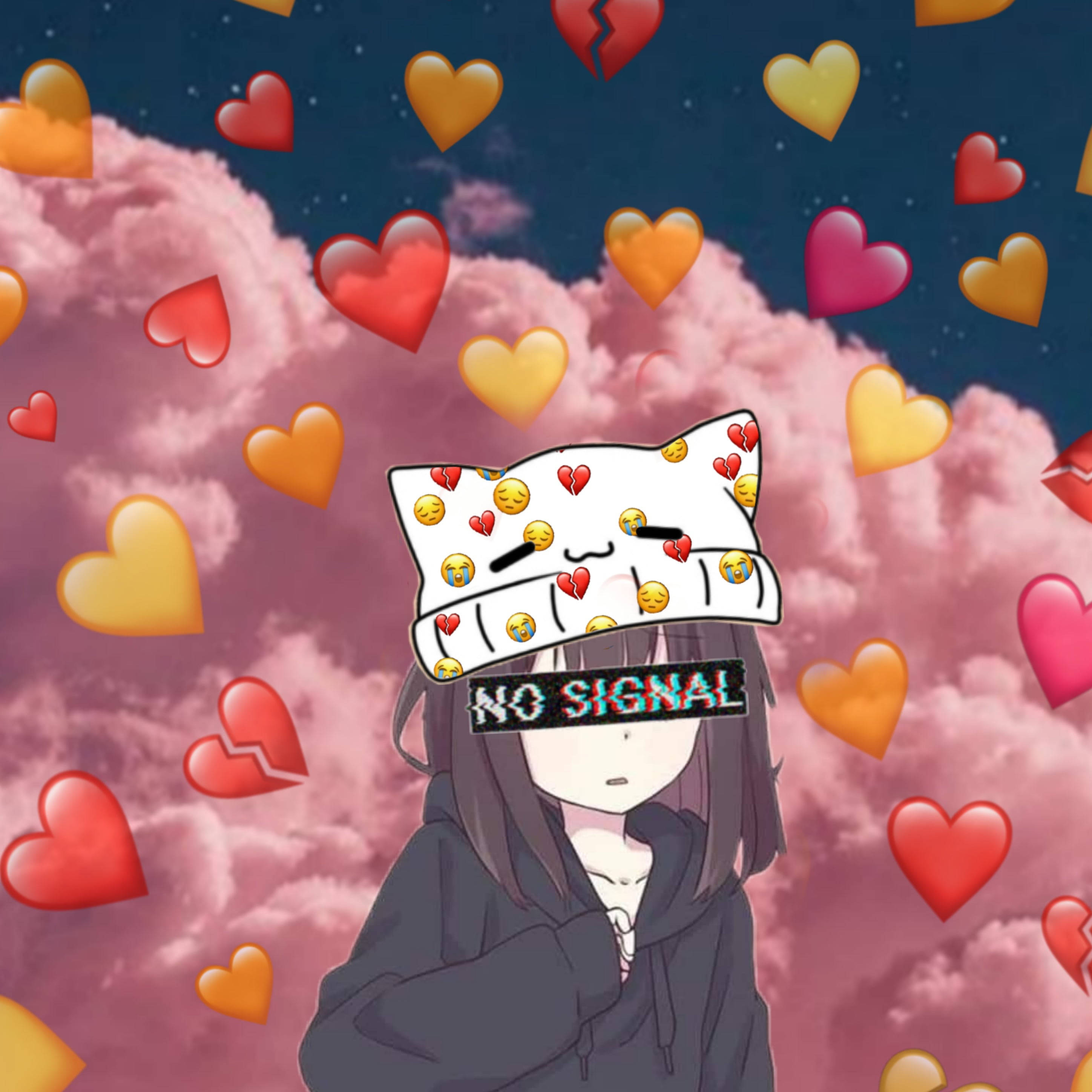 無訊號表情符號動漫女孩Picsart 壁紙 — 穿著連帽衫的動漫女孩戴著貓咪帽子，帶有表情符號心形和「no signal」故障文字，背景是粉紅雲朵和漂浮的心形。