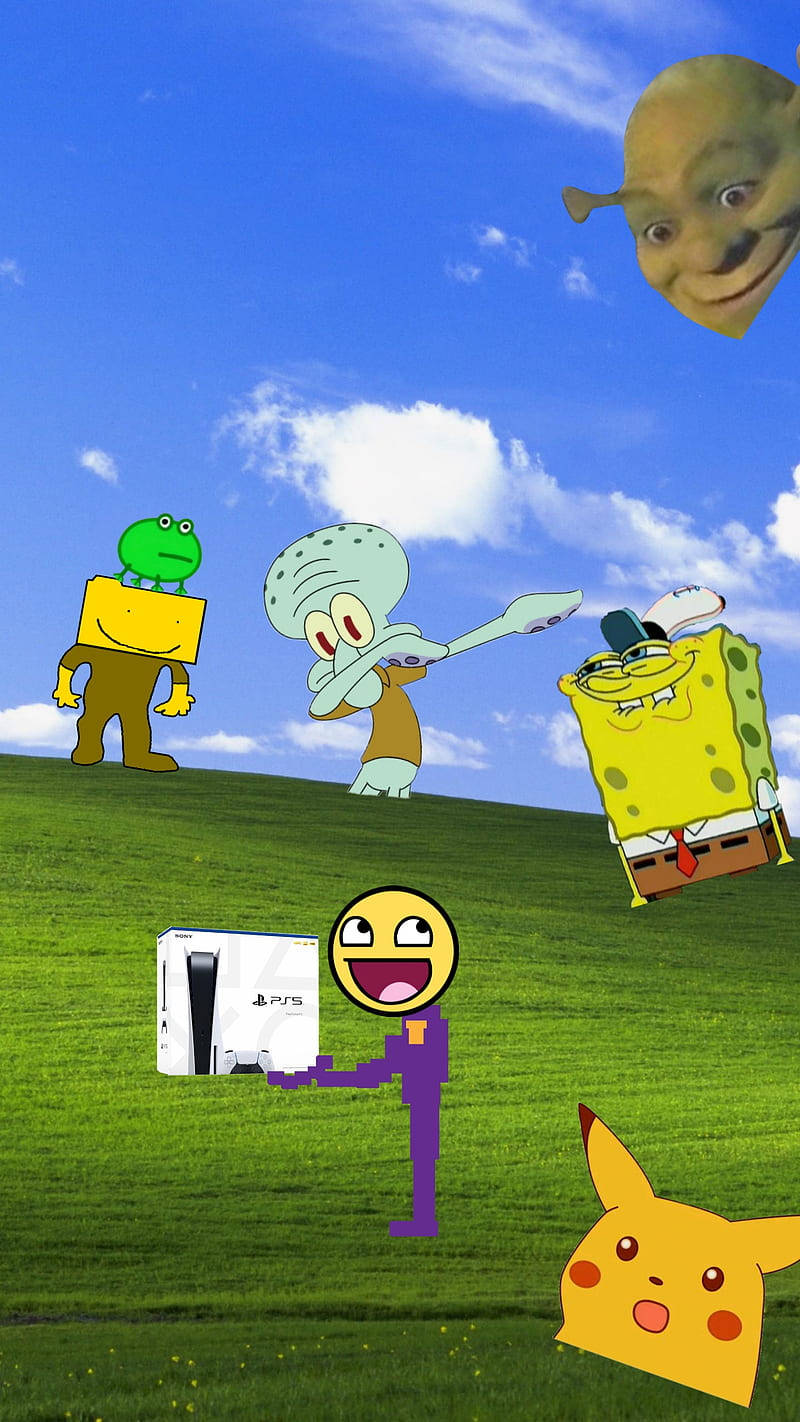 有雲的藍天下嘅草地上嘅山丘上嘅卡通人物。