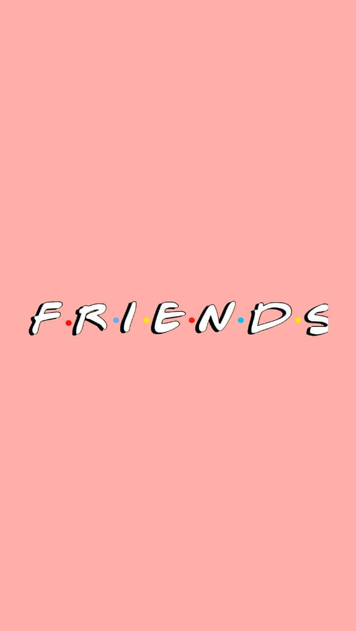 Friends 電視節目標誌在粉紅色背景上，字母之間有彩色圓點