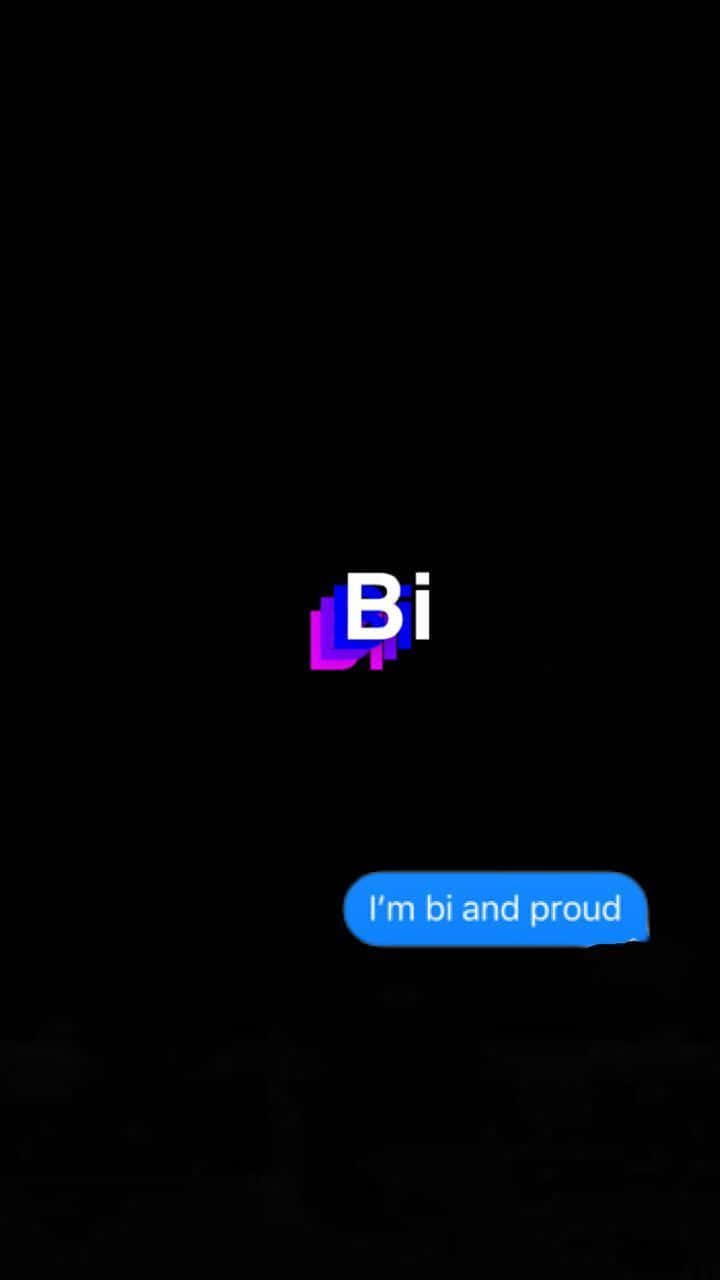 黑色背景上有「Bi」文字和一個藍色對話氣泡，寫著「I'm bi and proud」。