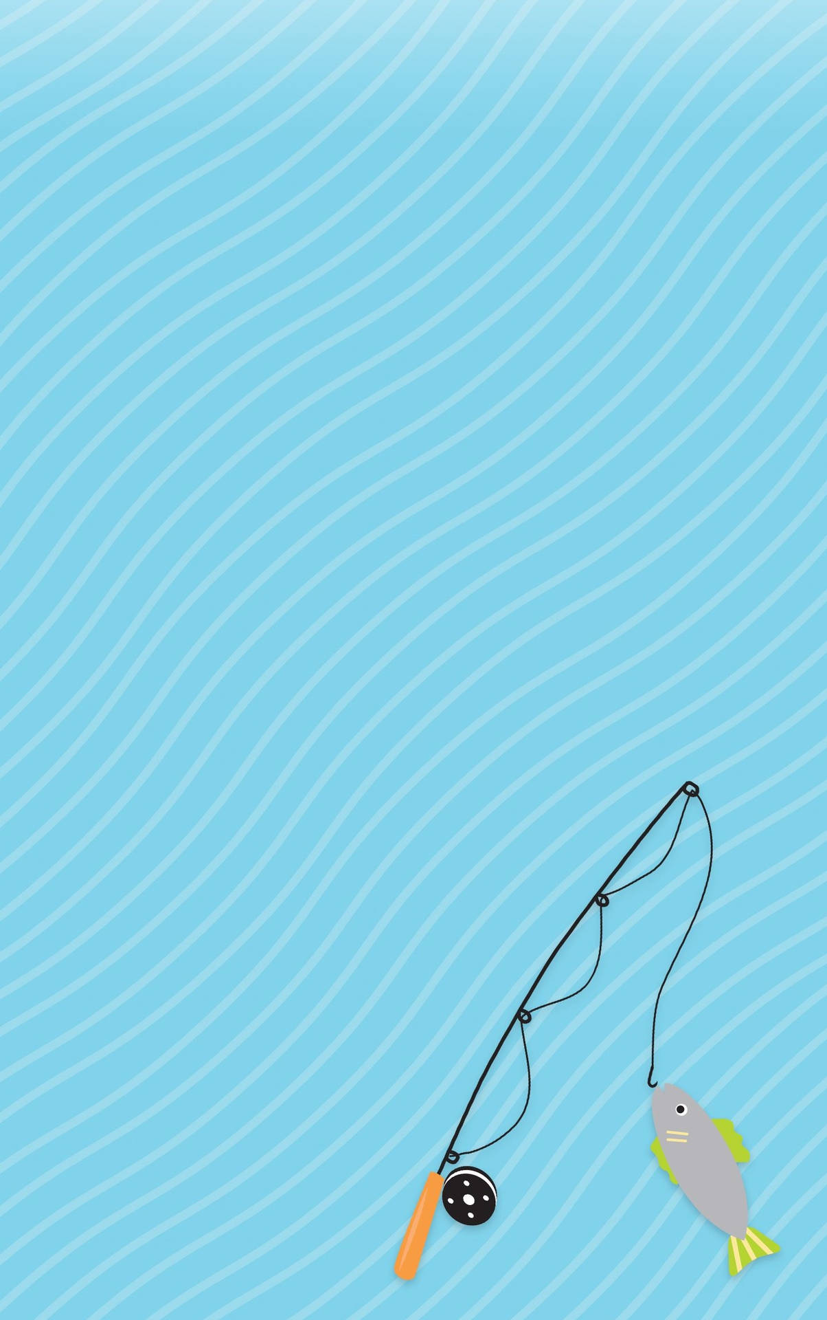 釣魚竿和釣到的魚在淺藍色波浪紋背景上。