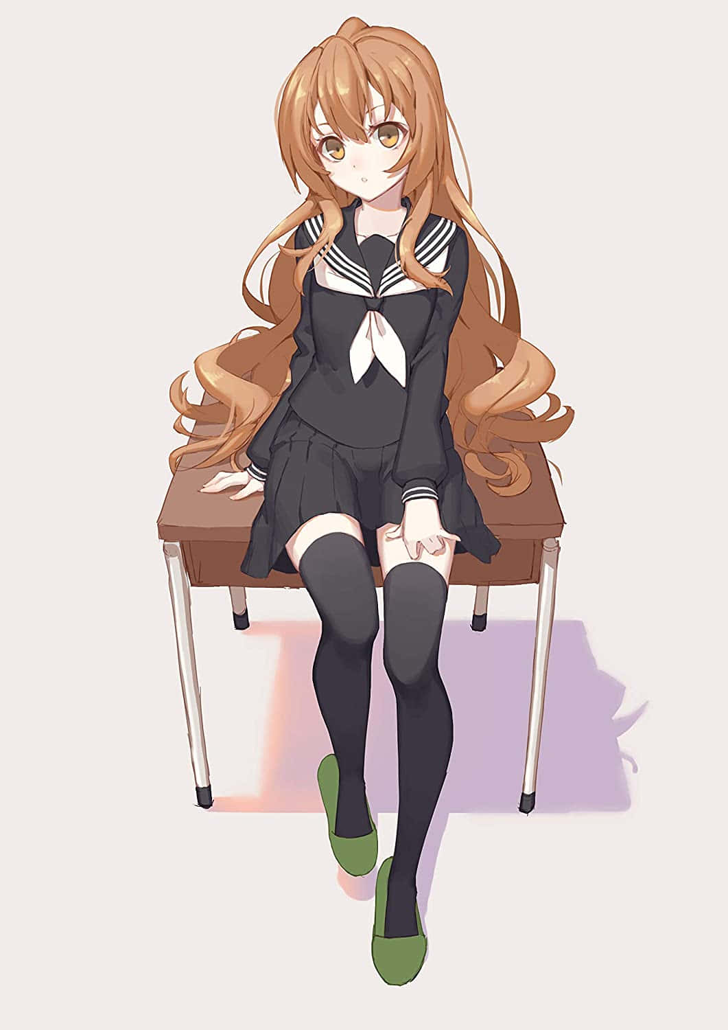 穿著水手服的動漫女孩坐在椅子上，長棕髮和綠色鞋子。