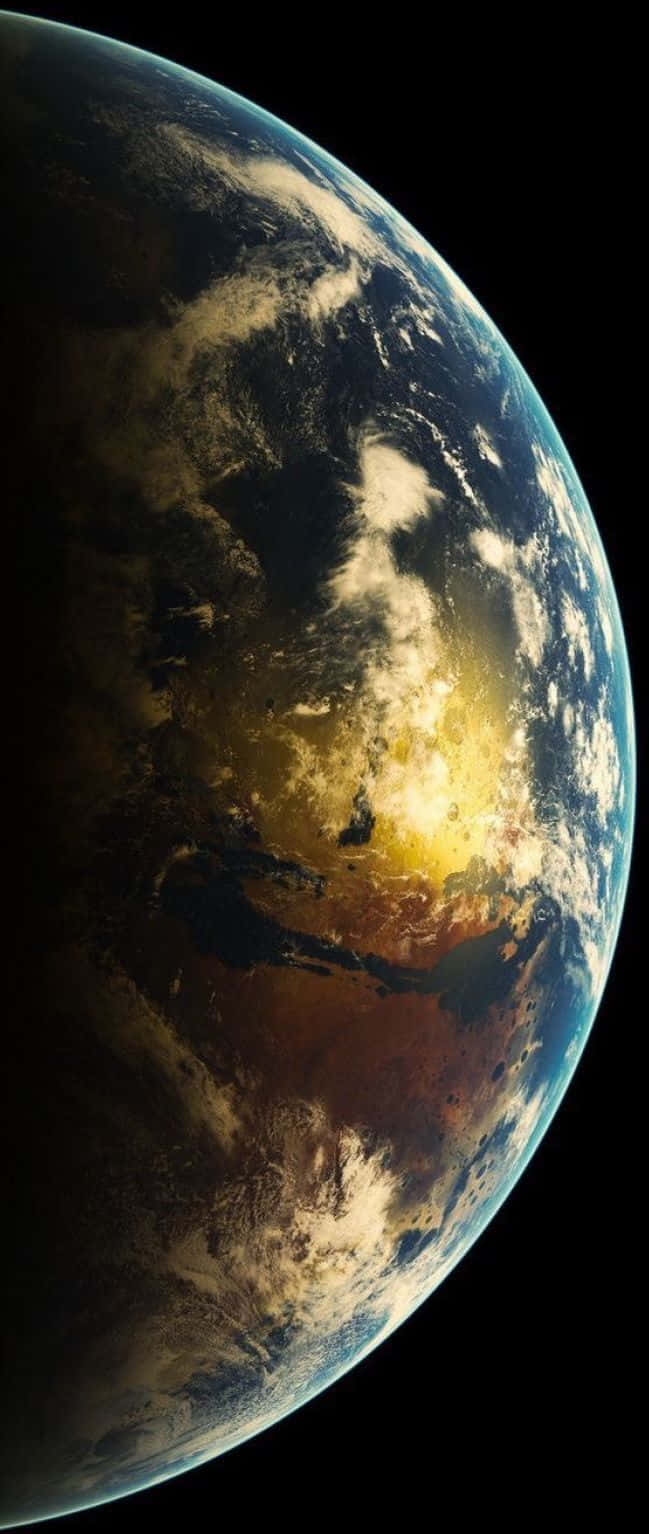 日出時從太空觀看地球，雲層和海洋閃耀著光芒。