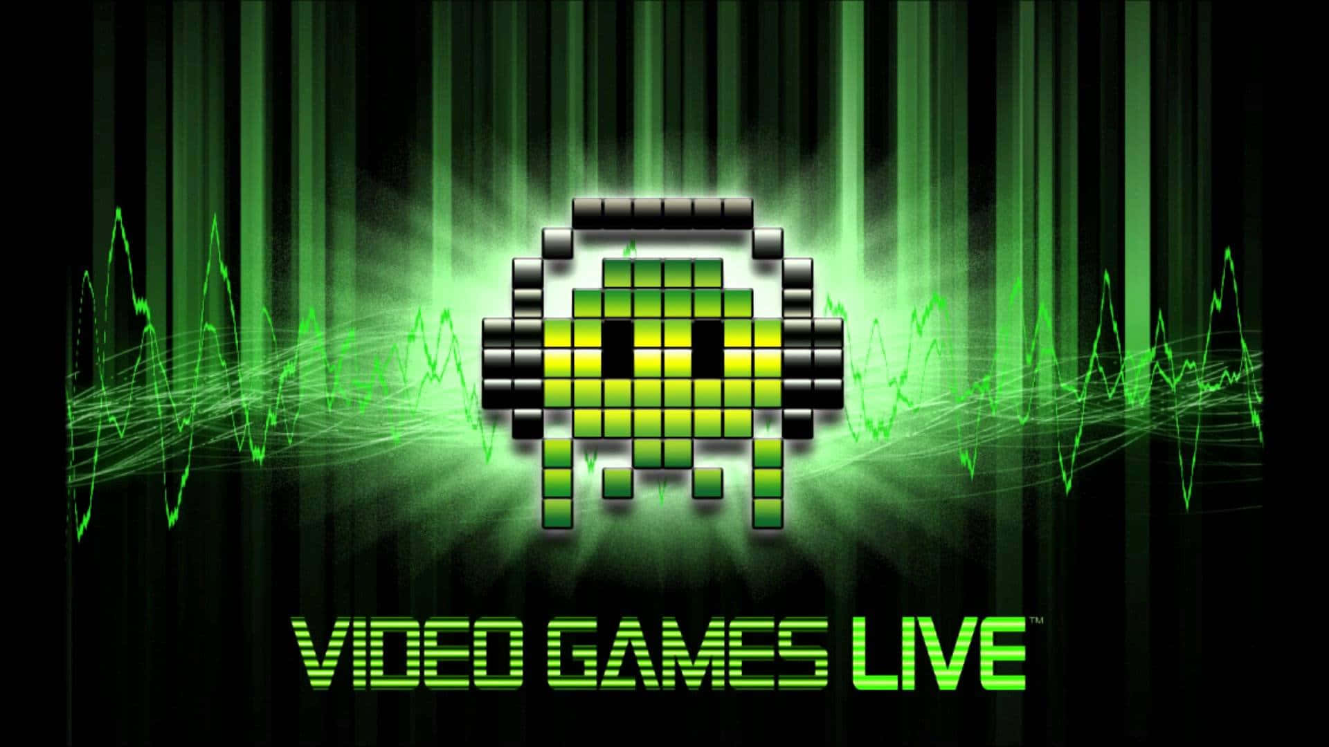 像素化綠色外星人，帶有音頻波形和「Video Games Live」文字。